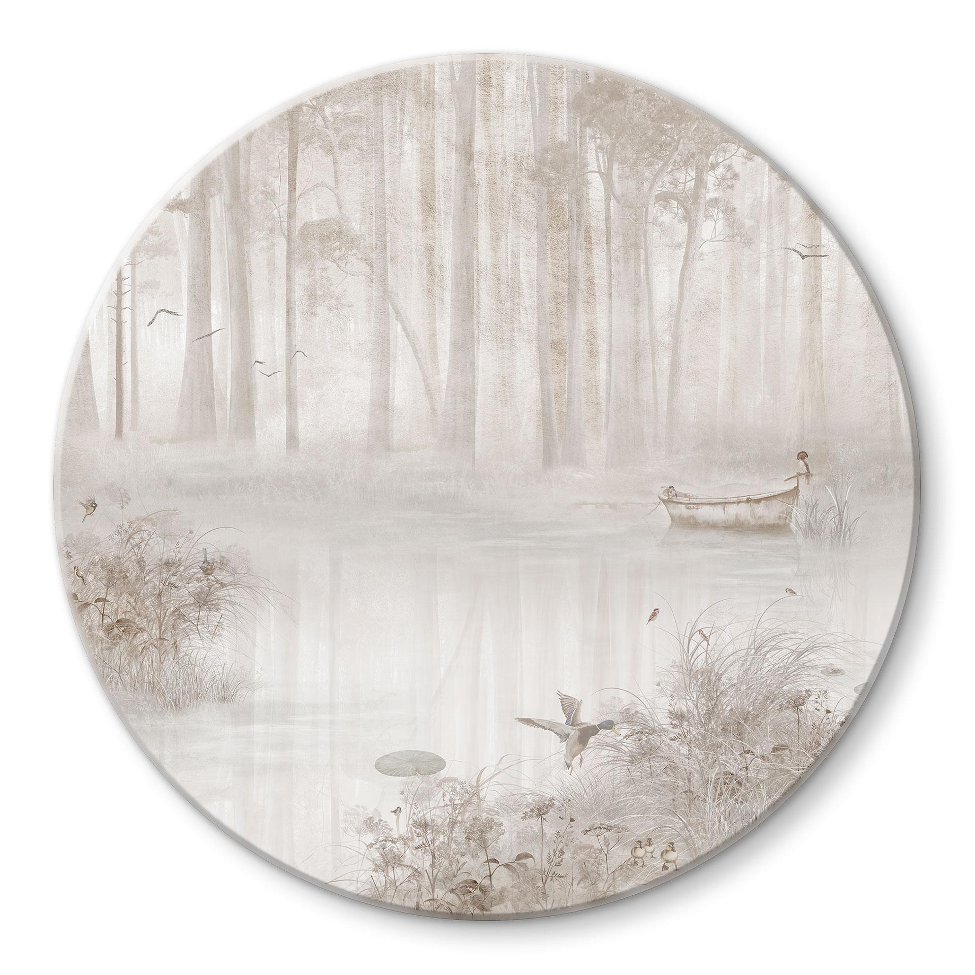 Glasbild Wald am See im Nebel in Beige - Ms Tiff - Rund