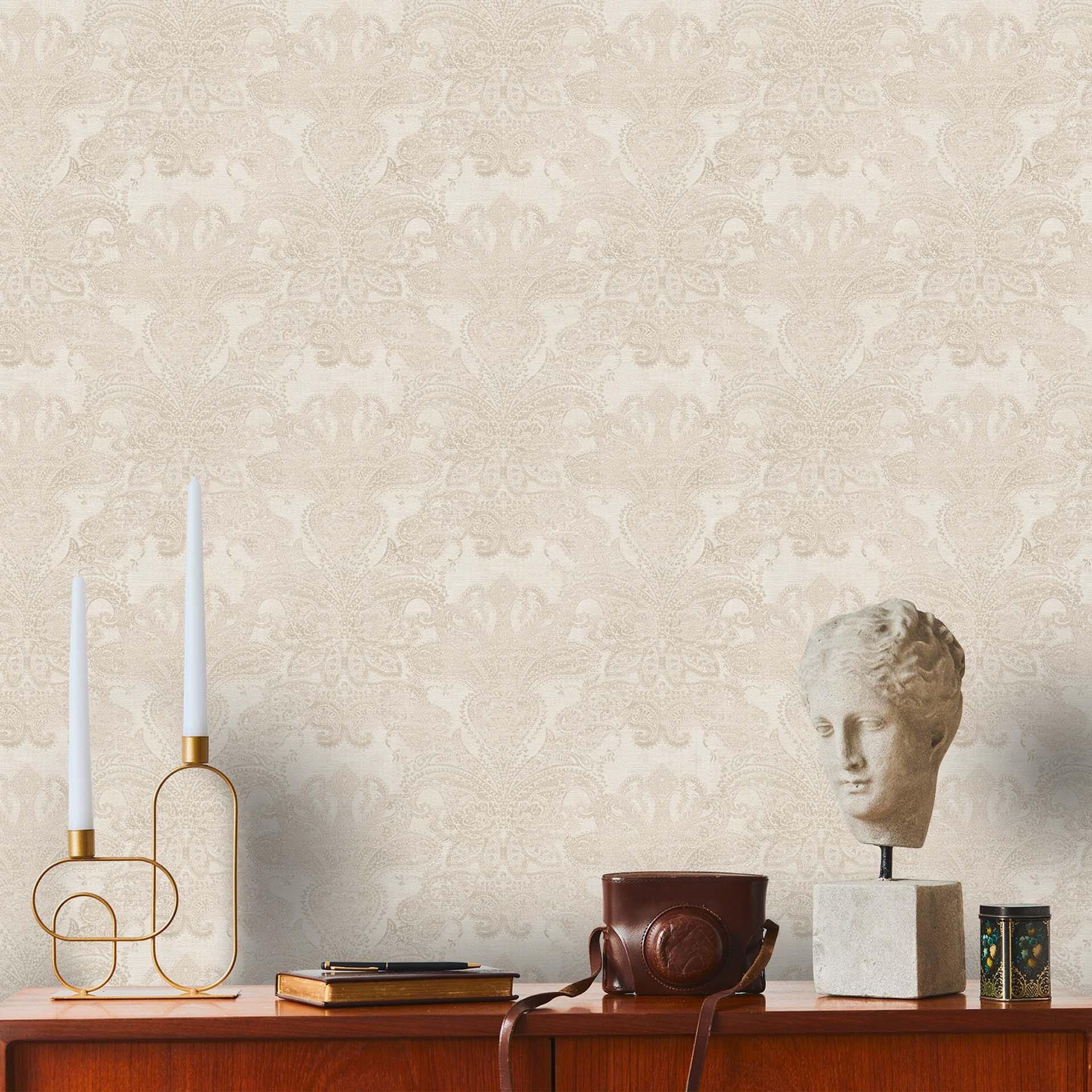 behang barok vintage vliesbehang wit, crèmegrijs - patroonbehang met ornamenten