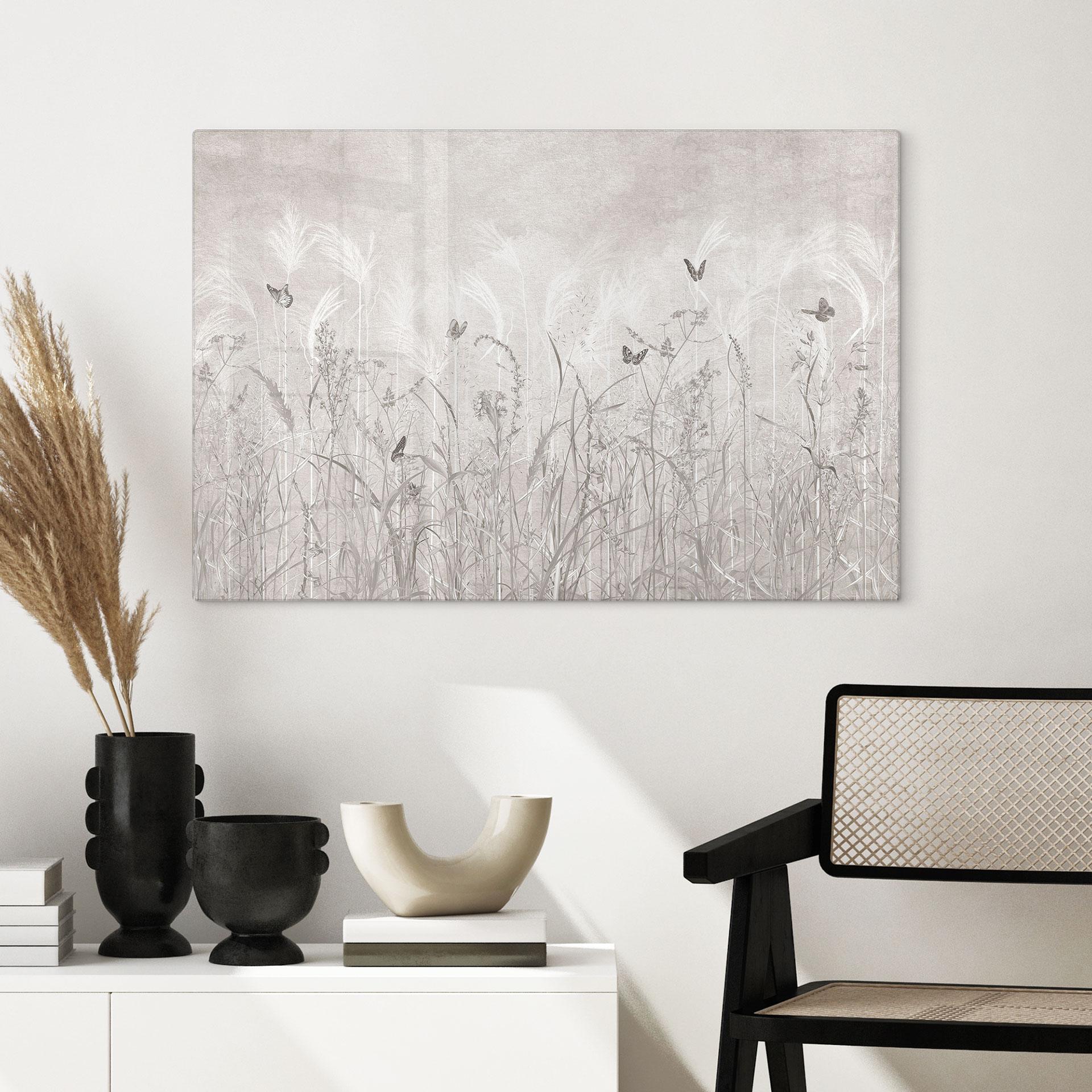 Glasbild Wildblumenwiese mit Schmetterlingen im skandinavischen Design - Ms Tiff