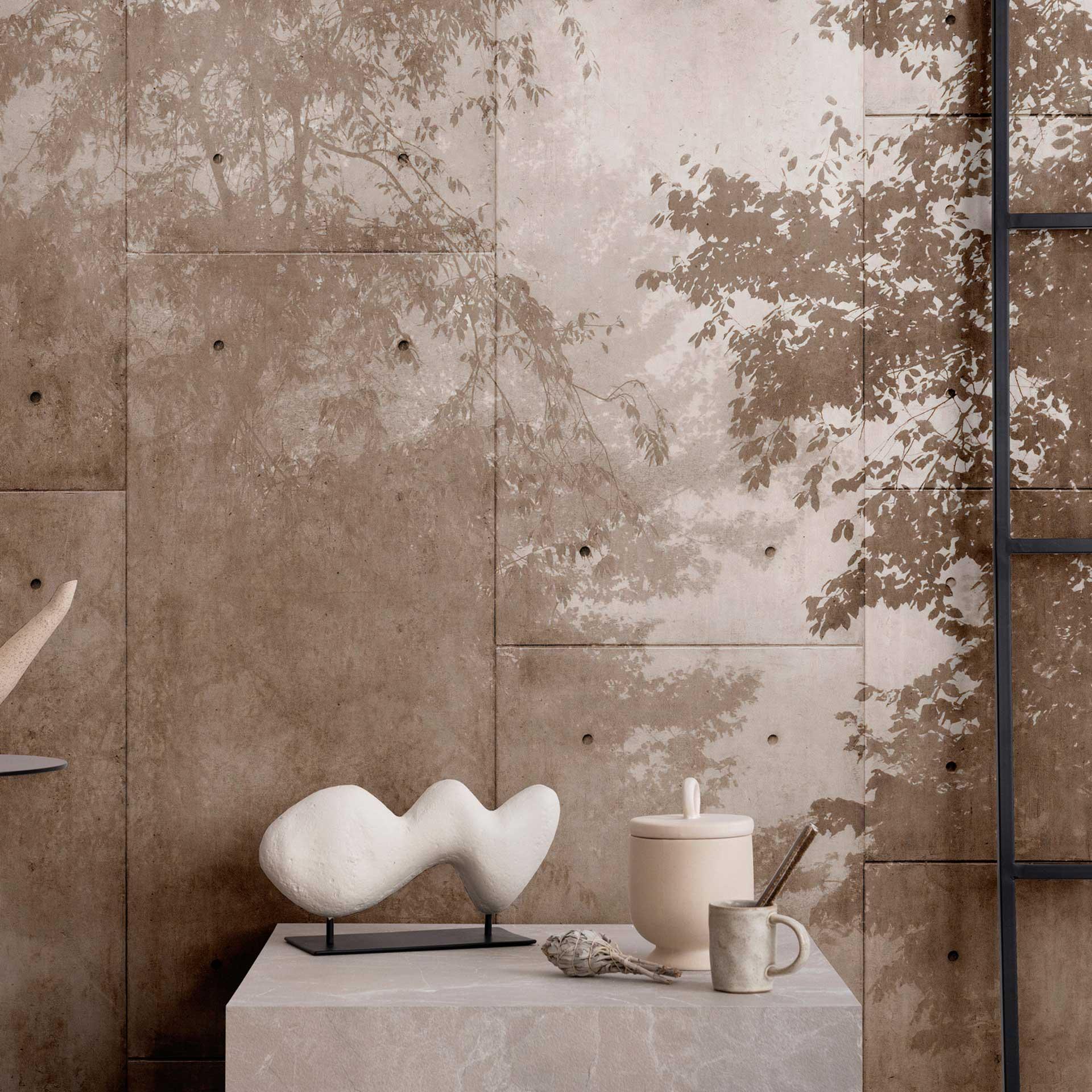 Fototapet i betonlook med træskygger i sepia - non-woven tapet naturillusion