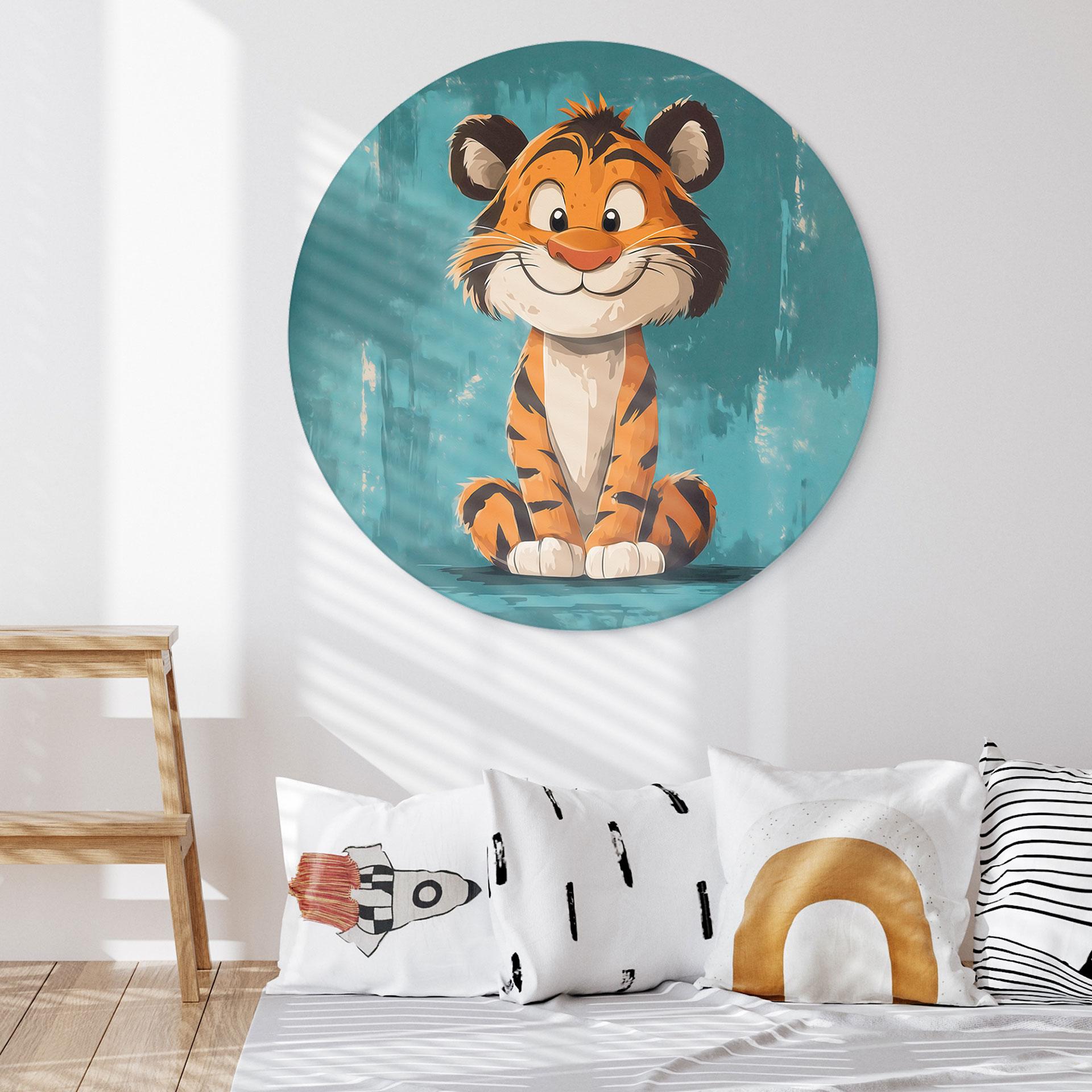 Billede af glad tigerunge - Magnusson - rund – print på aluminium (Alu-Dibond)