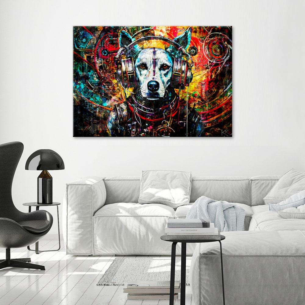 Canvasbillede, hund med hovedtelefoner