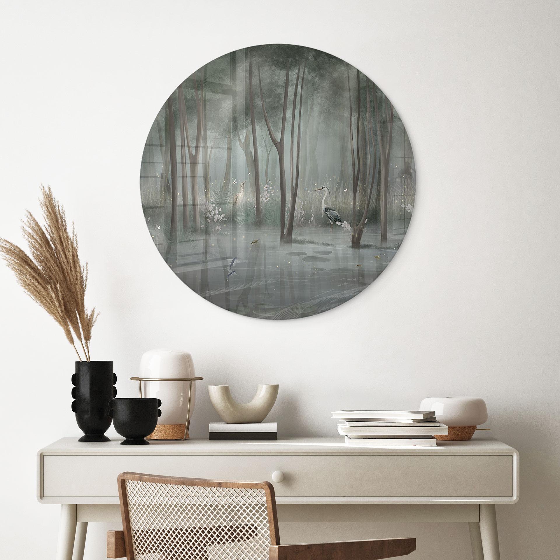 Glasbild Nebelwald am See mit Reiher in Grün - Ms Tiff - Rund