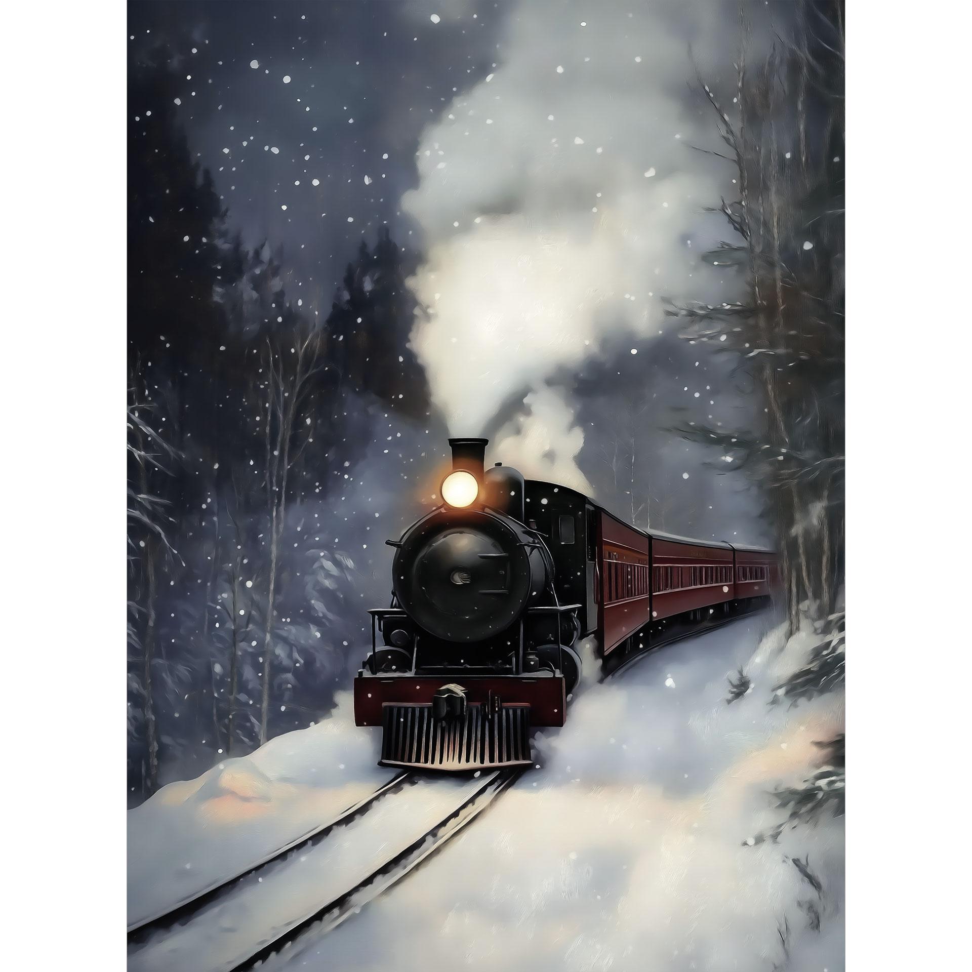 Fotobehang Winterlandschap - Stoomlocomotief in een besneeuwd bos - Melloi Art Prints