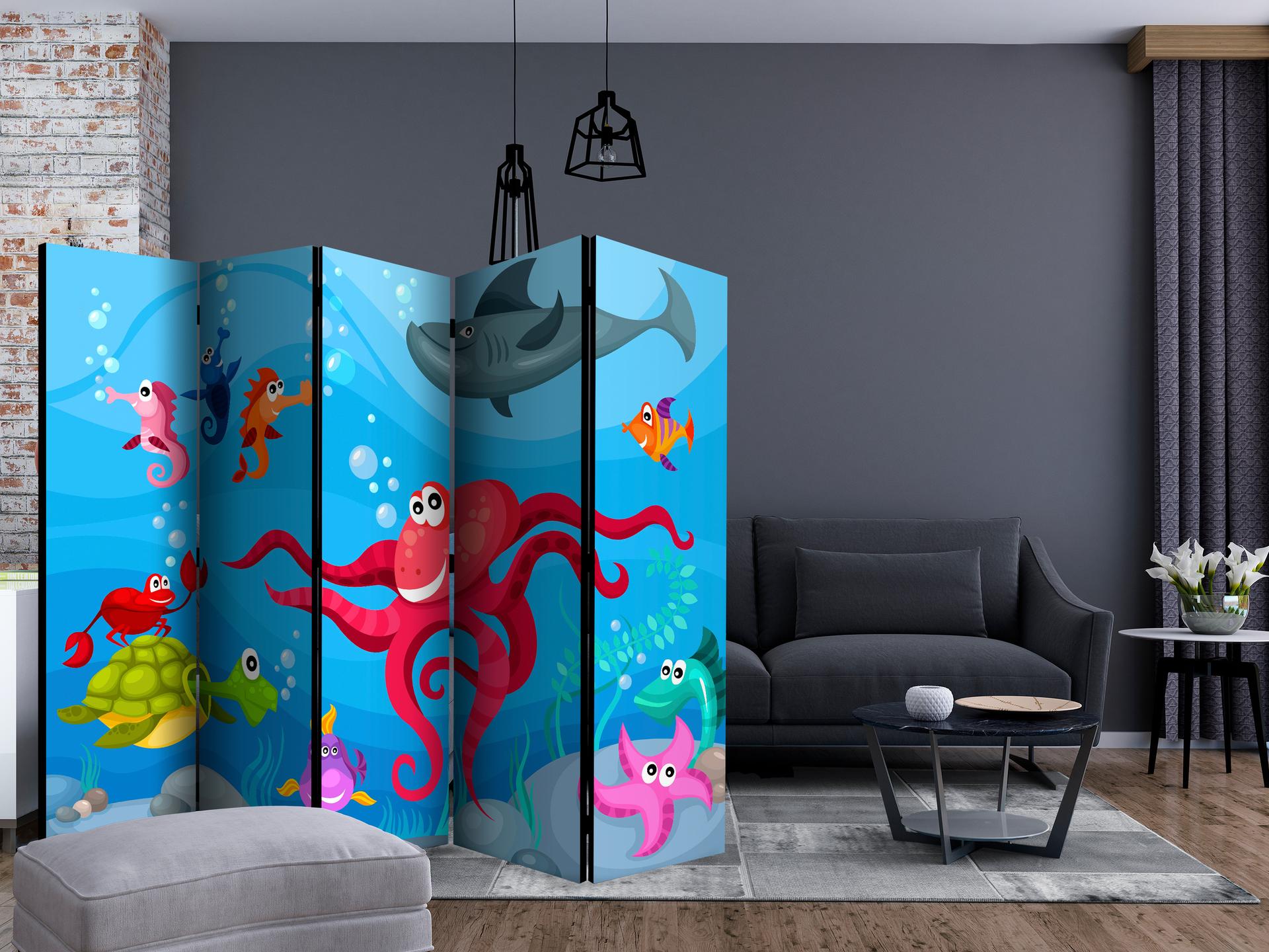 Schermo divisorio - Polpo e squalo , 5 pezzi - 225x172 cm