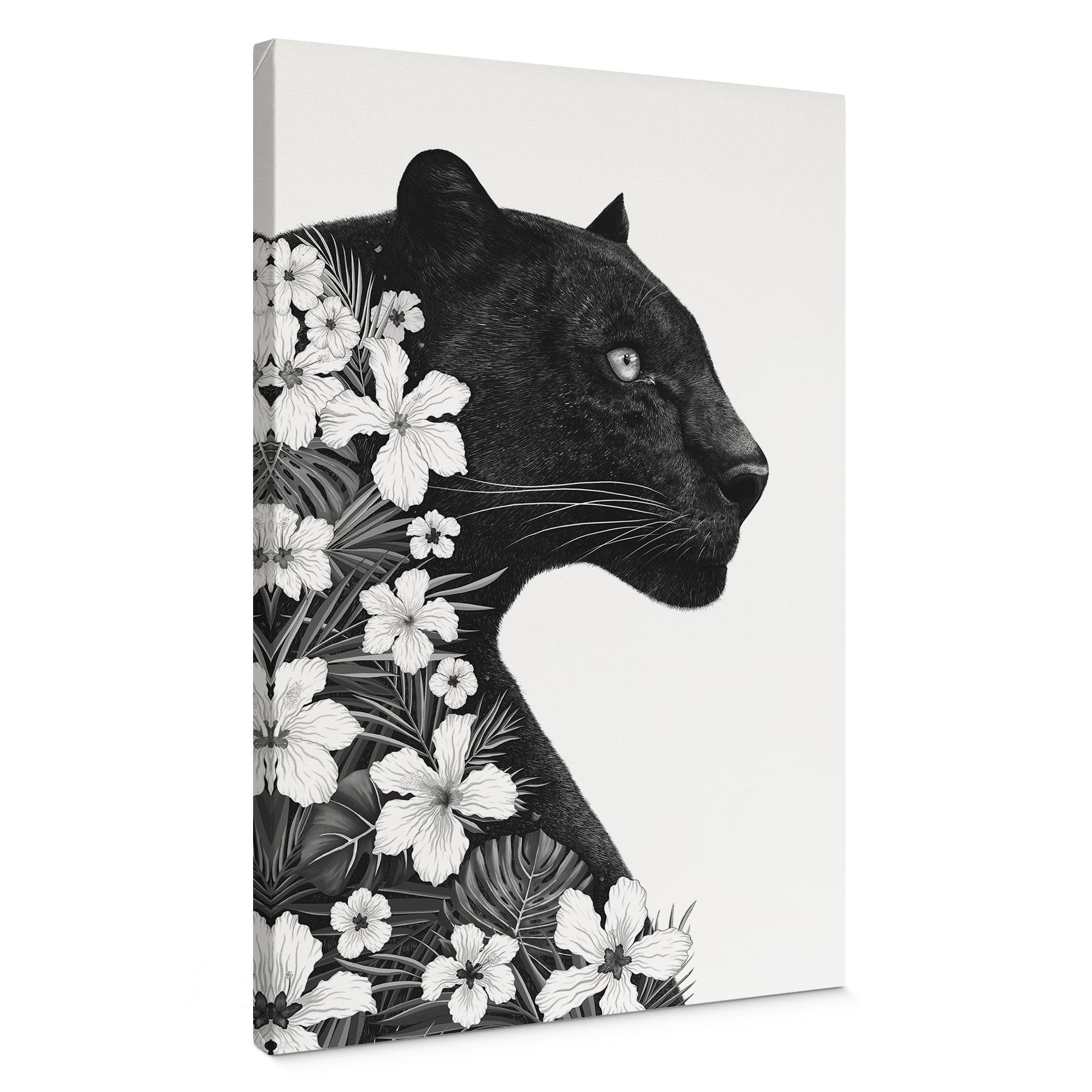 Canvasbillede Sort panter med hvide blomster - Korenkova