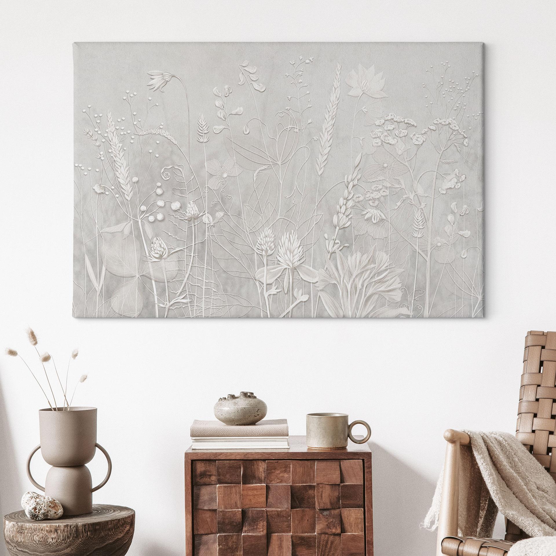 Leinwandbild mit Blumenrelief - Pflanzen in Weiß im modernen Design - Ms Tiff
