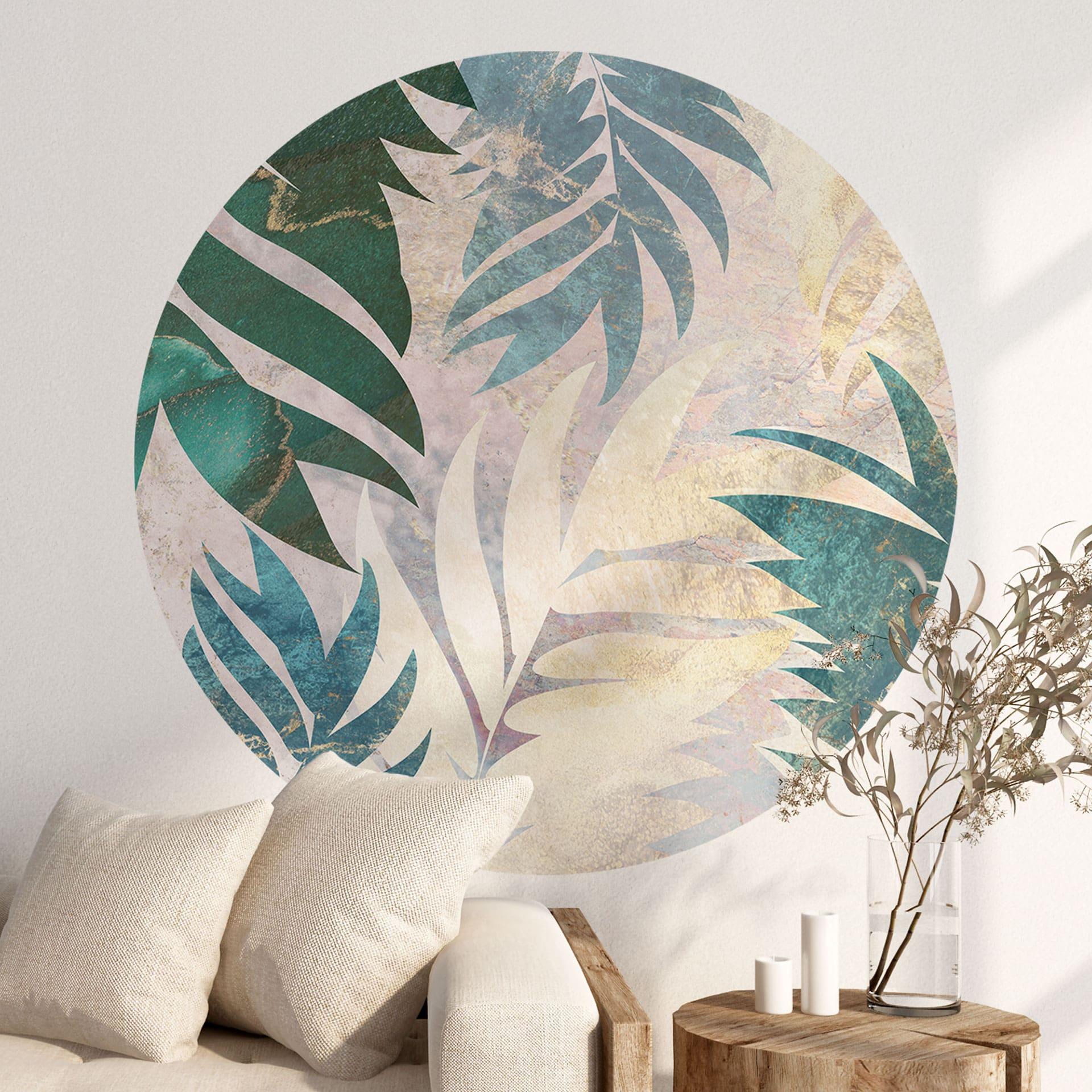Jungle Wallsticker Eksotiske palmeblade i guld-grøn - Manovski - Round
