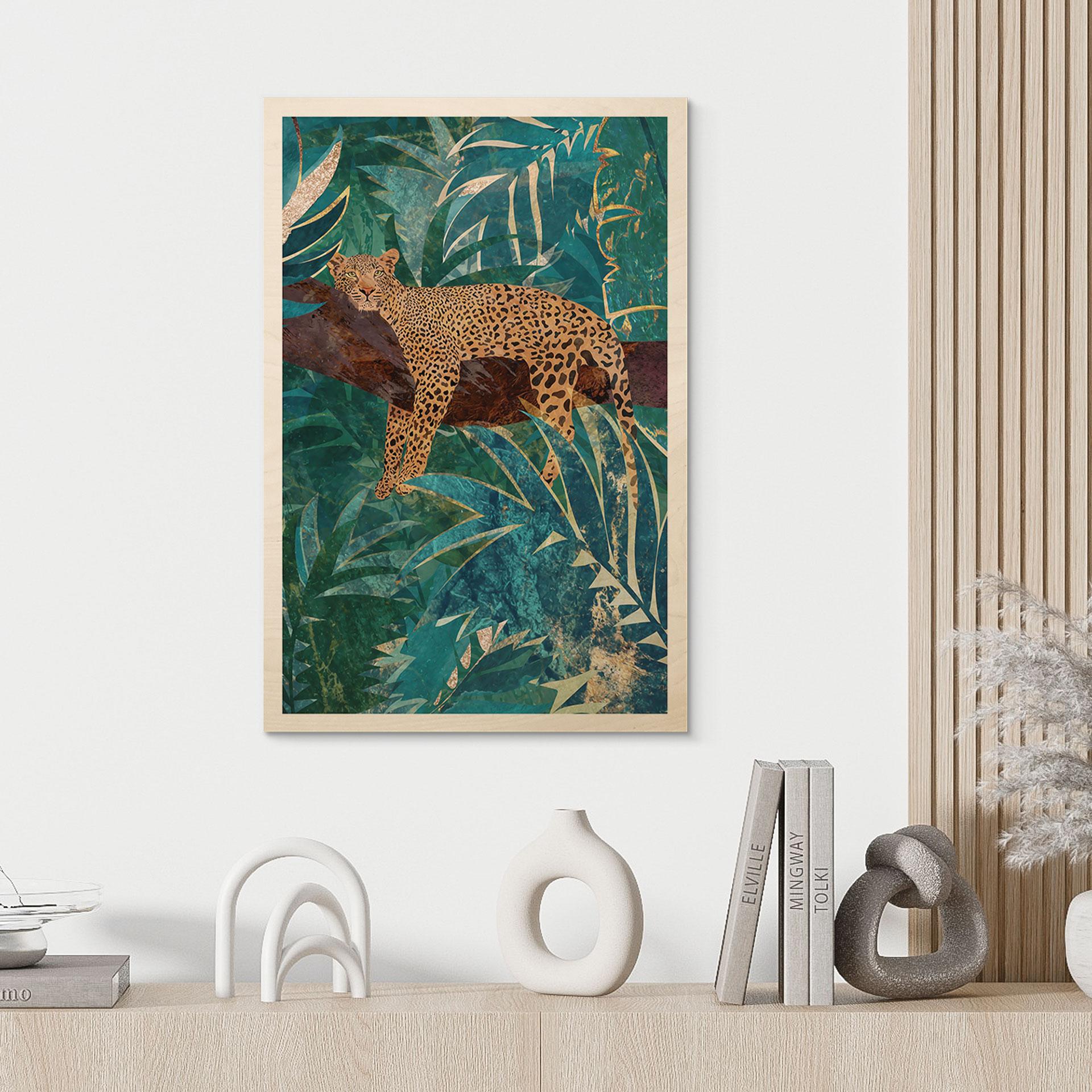 Holzbild Leopard im smaragdgrünen Dschungel - Manovski