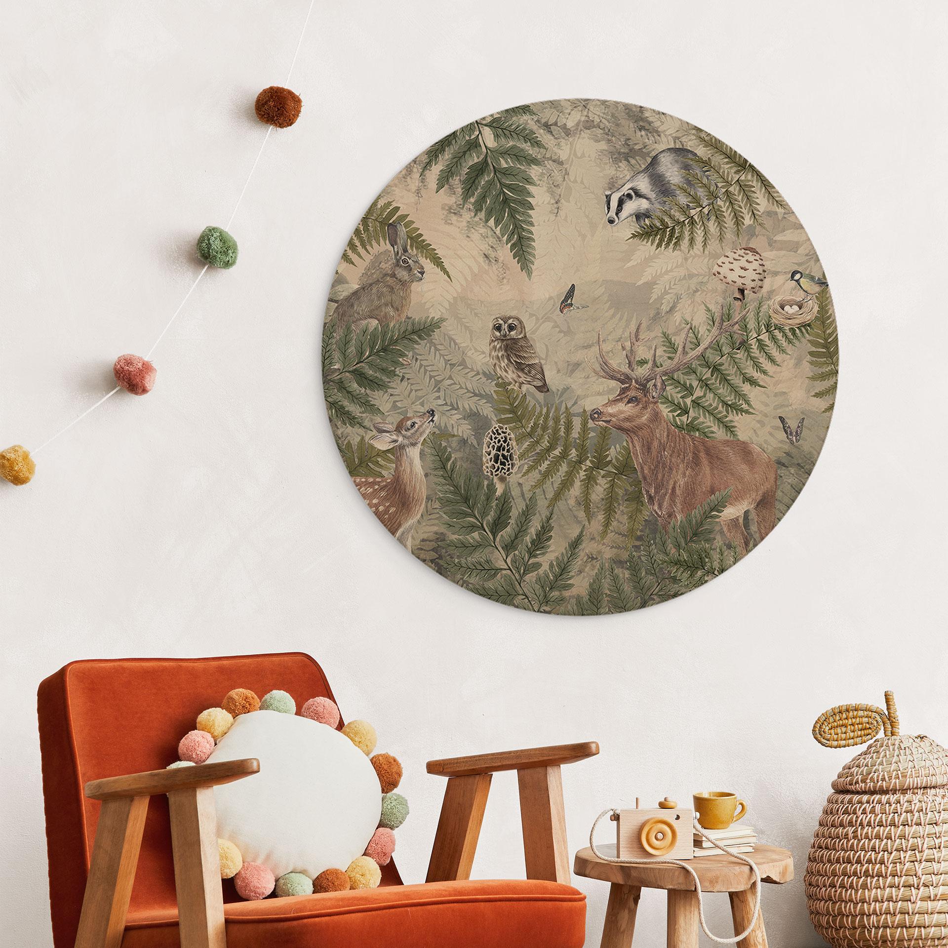 Houten Wanddecoratie bosdieren tussen varens en bladeren - Ms Tiff - Rond