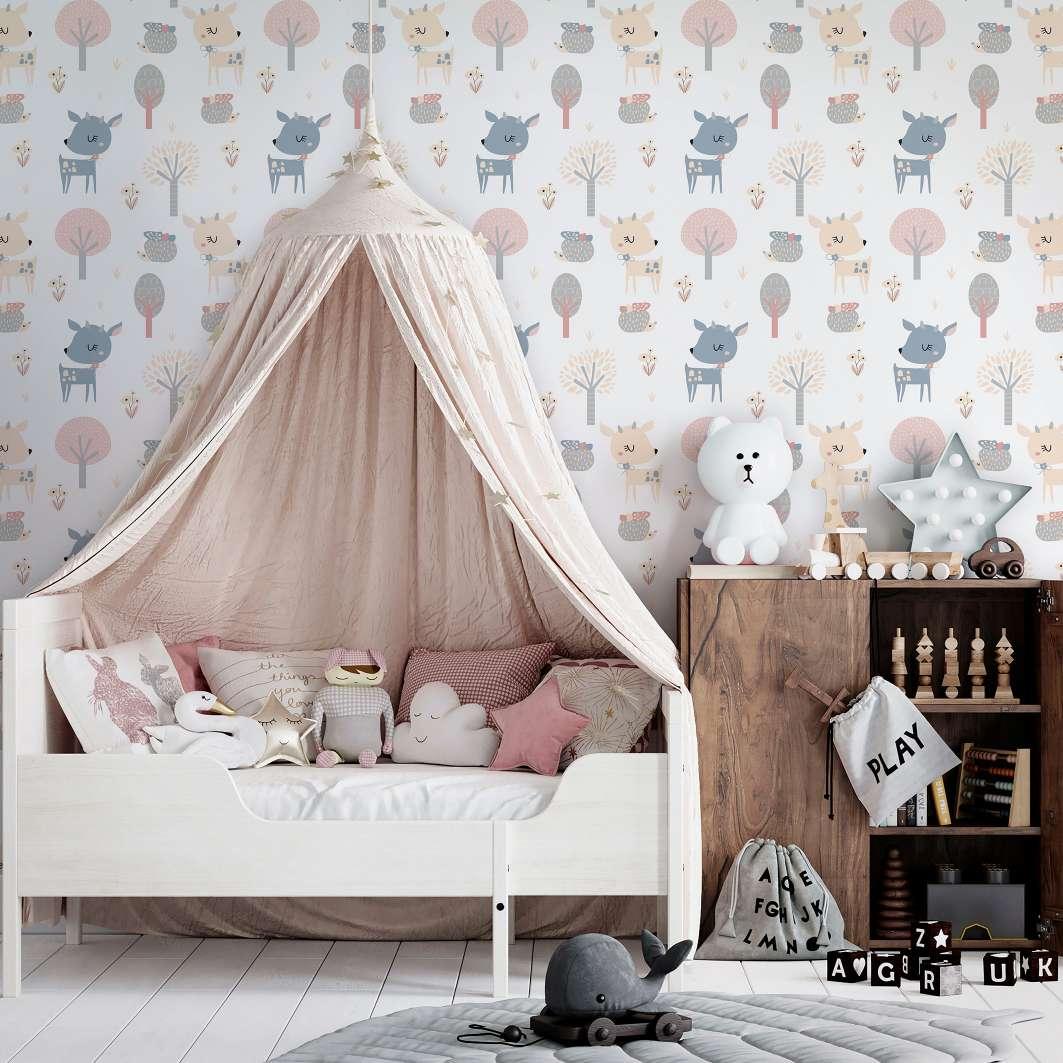 Børnetapet, non-woven tapet med illustration Kids Walls hvid, pink, blå