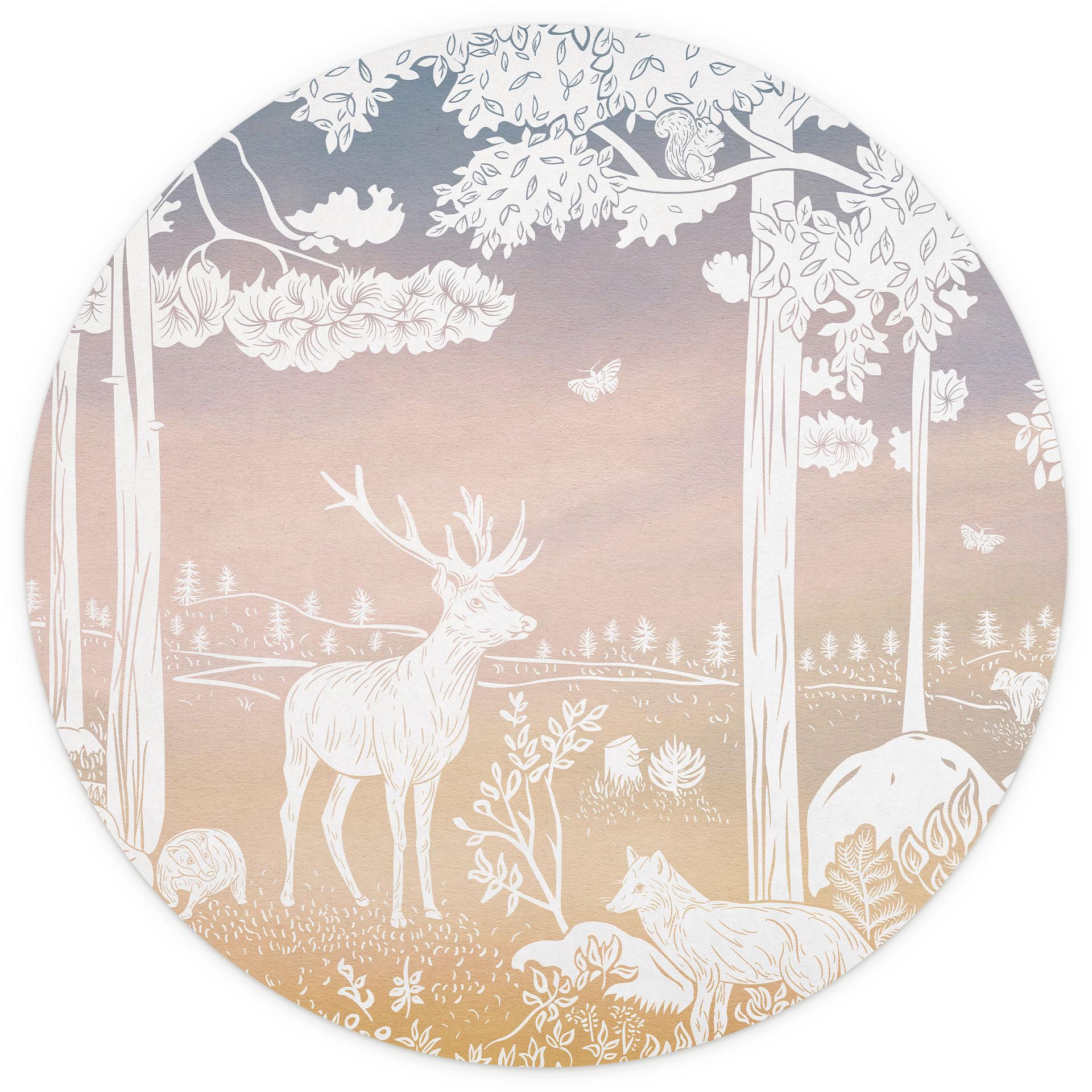 Vredig bos met herten en vossen Fotobehang - Ombre - Kikki Belle - Rond - vliesbehang/zelfklevend vl