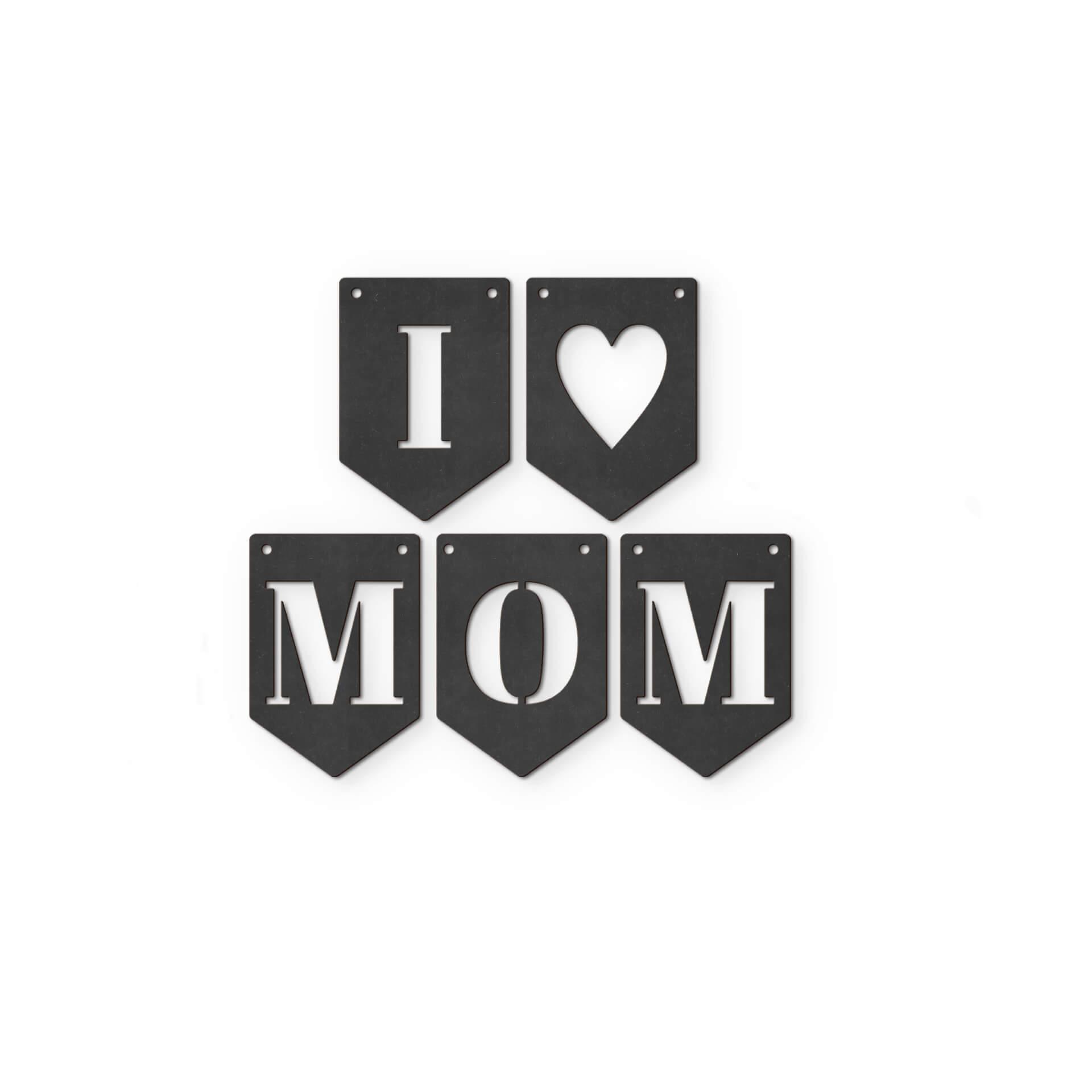 MDF - Decoración en madera - Cadena de banderines I Love Mum (set de 5) incl. cuerda de algodón