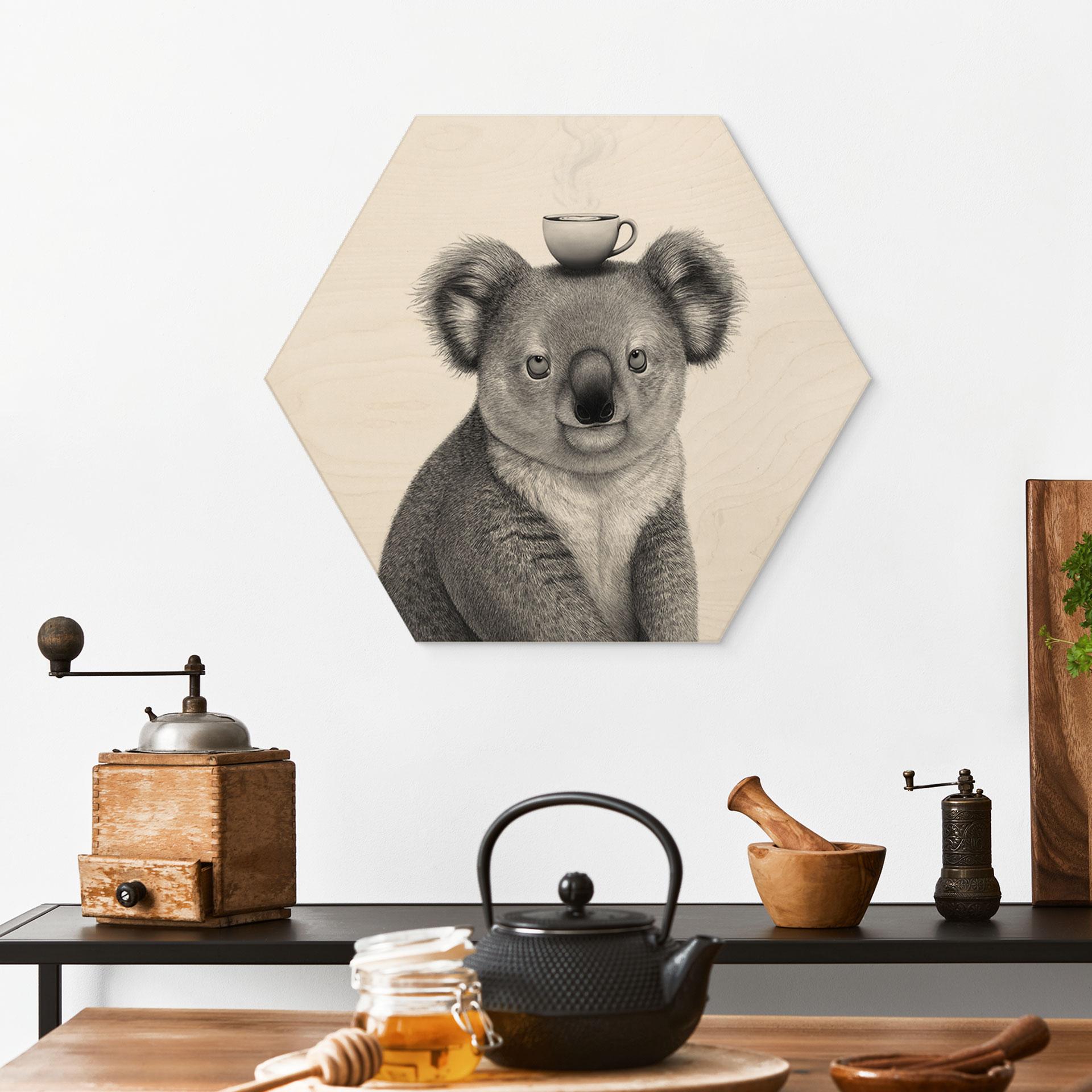 Hexagon Billede af træ Koala med kaffe - Korenkova