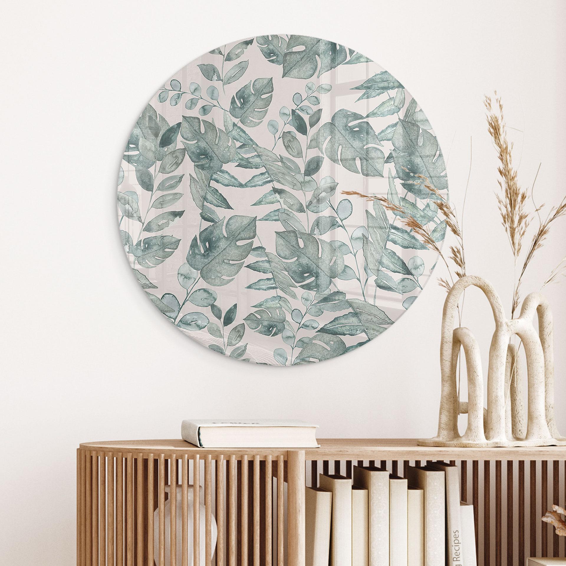 Glasbillede - Jungle Leaves Watercolour Cream - Bloomery Decor - Round