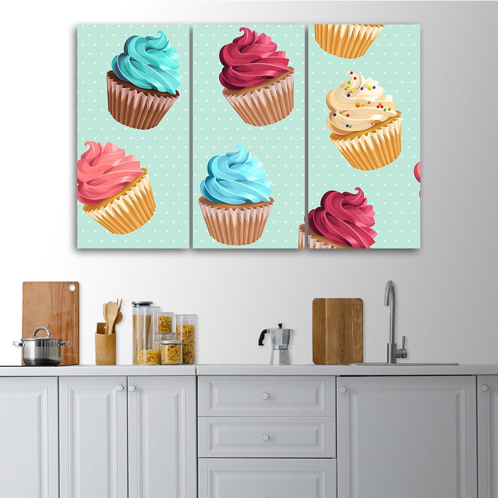 3 stykke lærredsprint, cupcakes slik