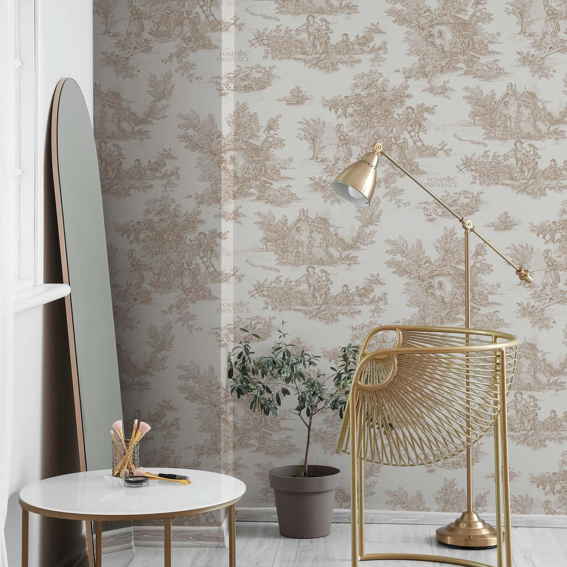 Vliesbehang landschap, mensen grafisch klassiek mat in beige