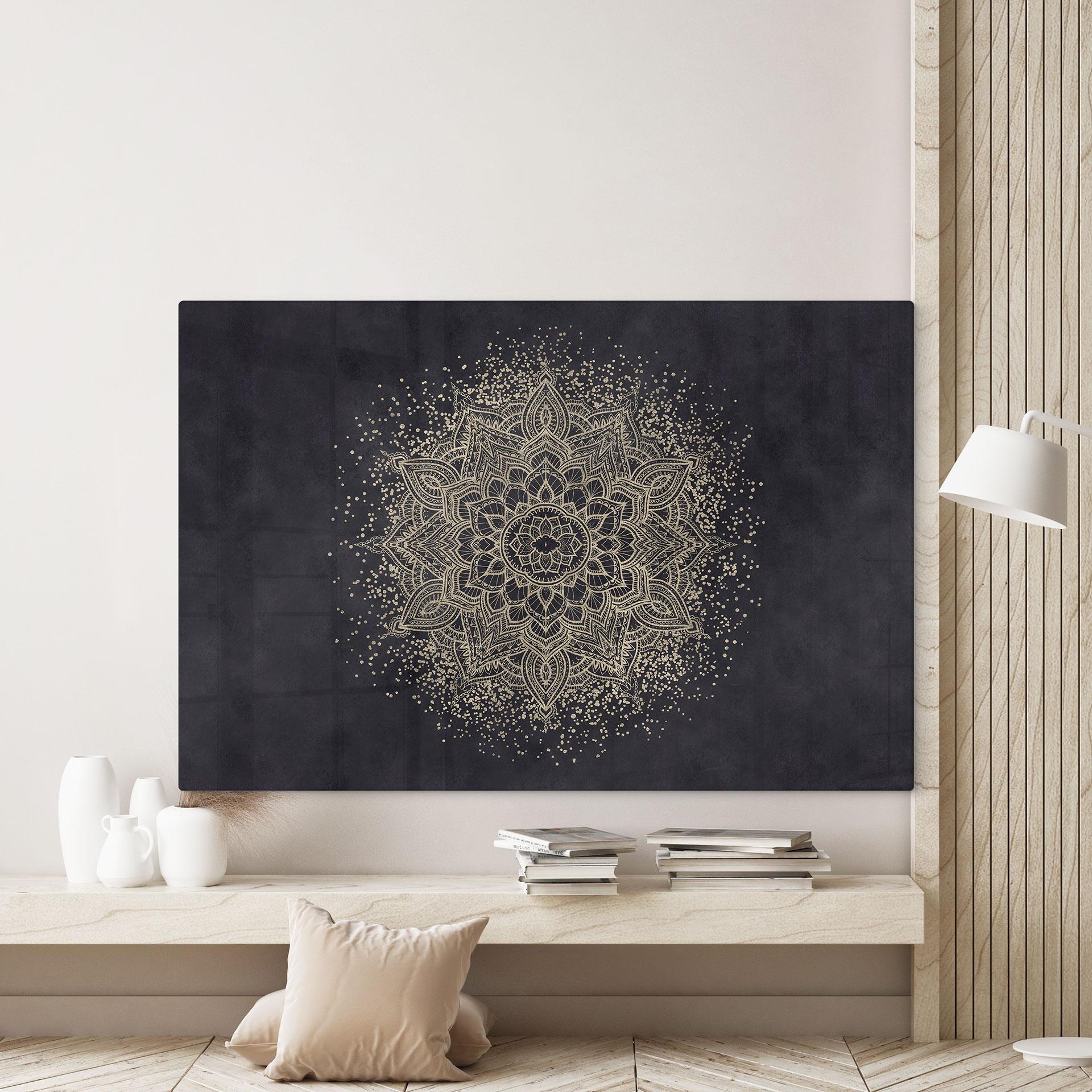 Glasbillede - Elegant mandala i sort og guld - Bloomery Decor