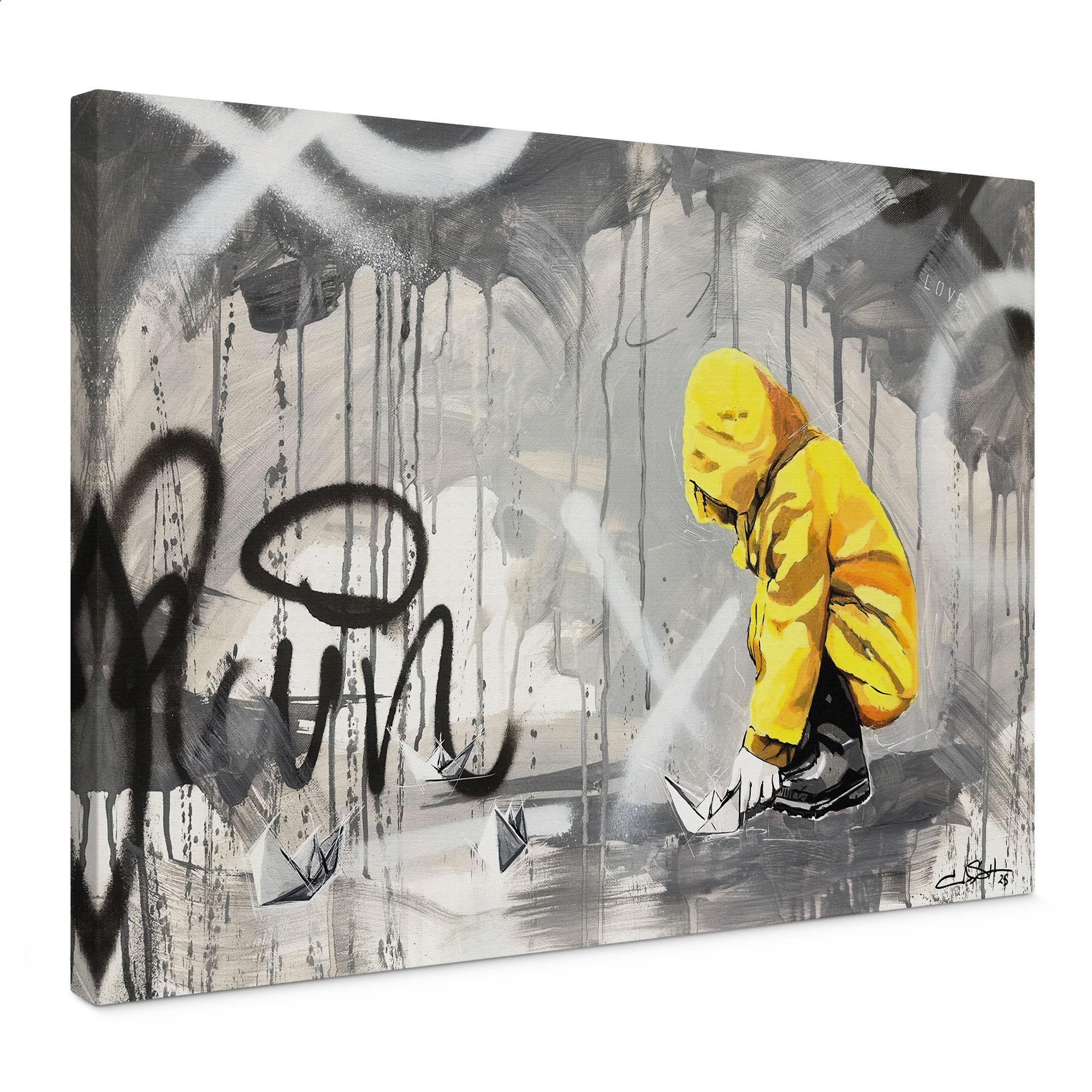 Leinwandbild Kind mit Papierschiff Streetart - Habib