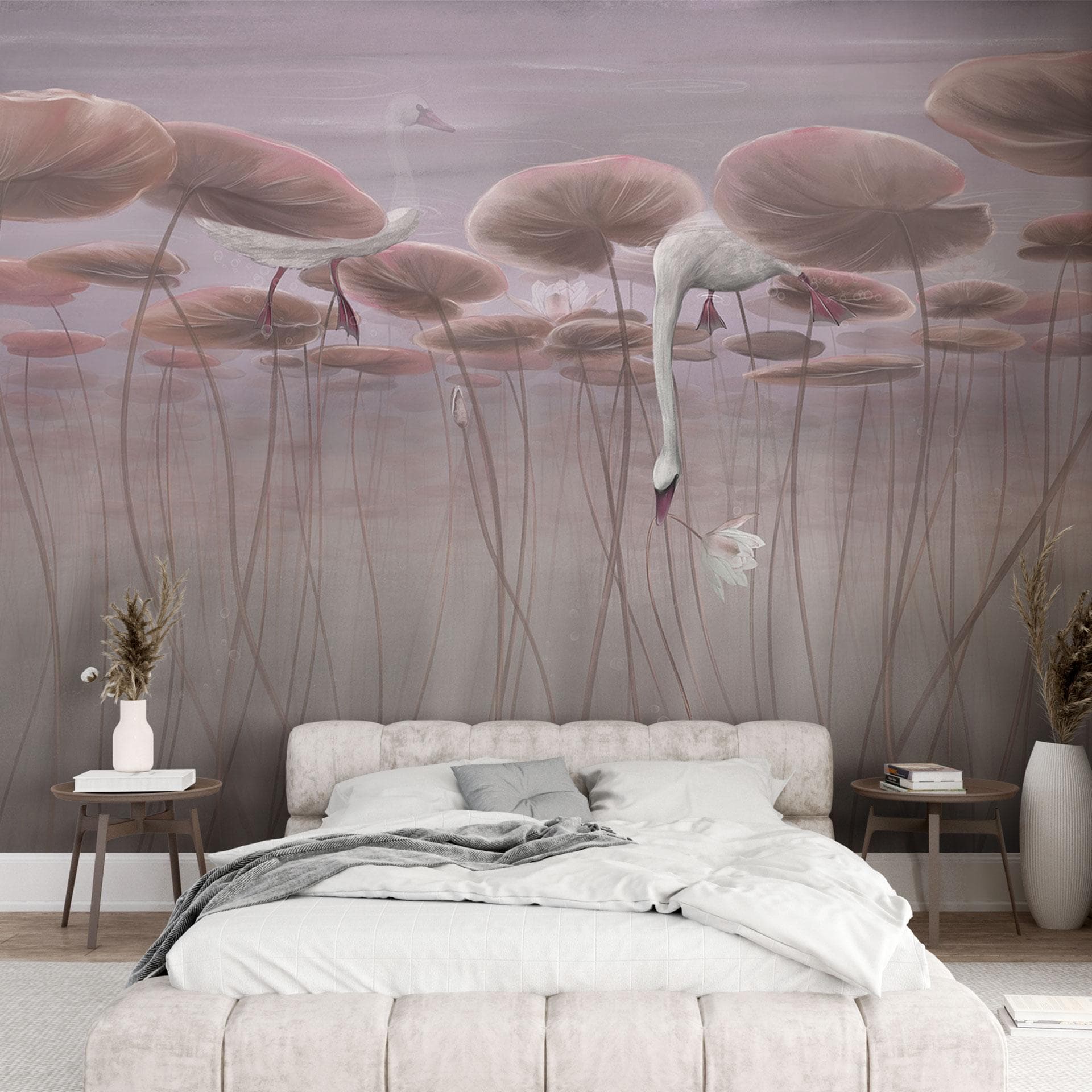 Natuur Fotobehang lotusbloemen met zwaan in het water in donkerroze - Ms Tiff