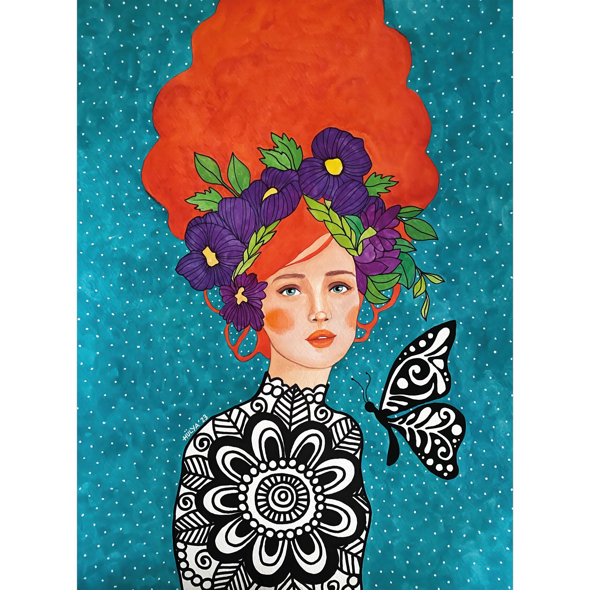 Vlindervrouw met bloemenkrans Fotobehang - Hülya