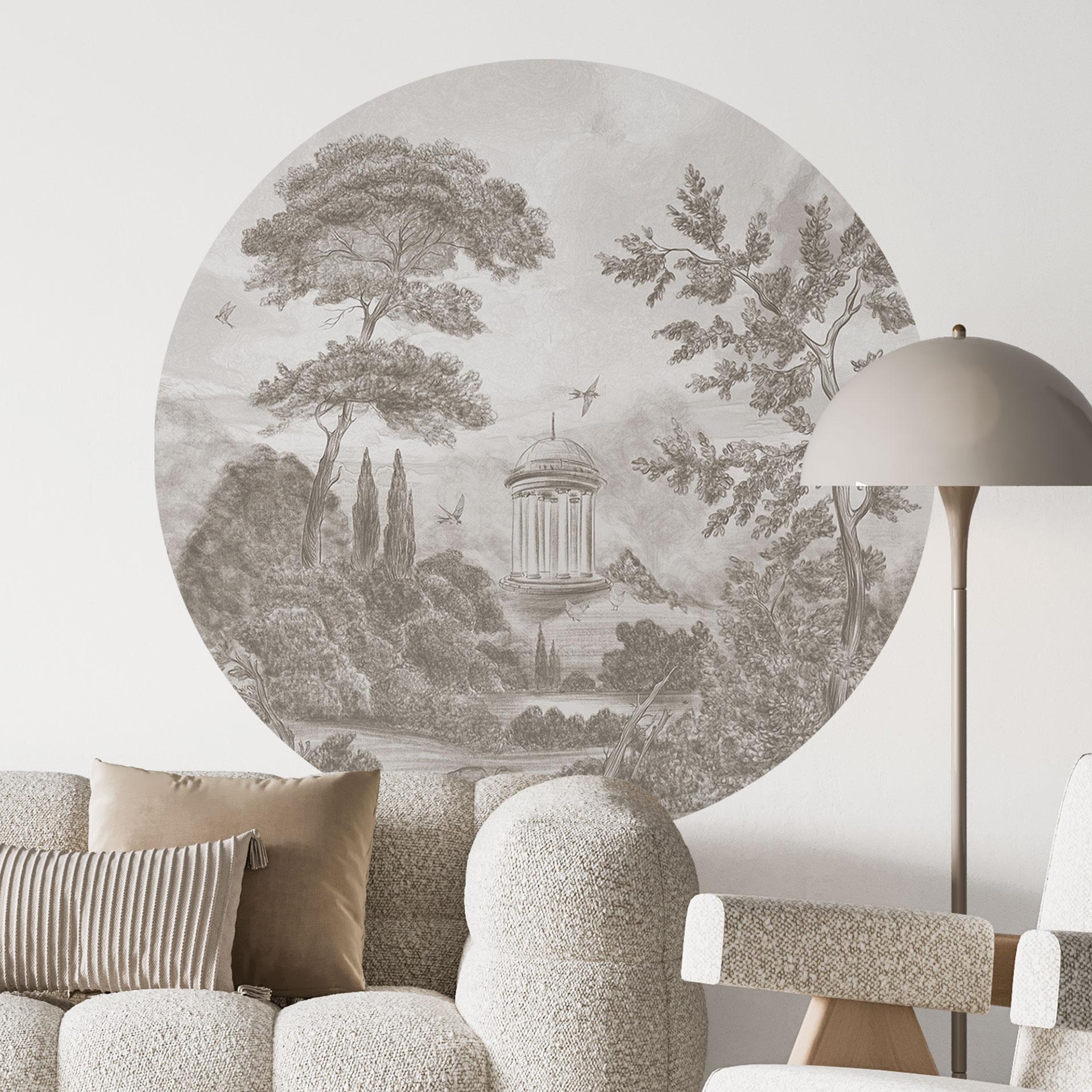 Muursticker landschap met tuin in beige - Ms Tiff - Rond