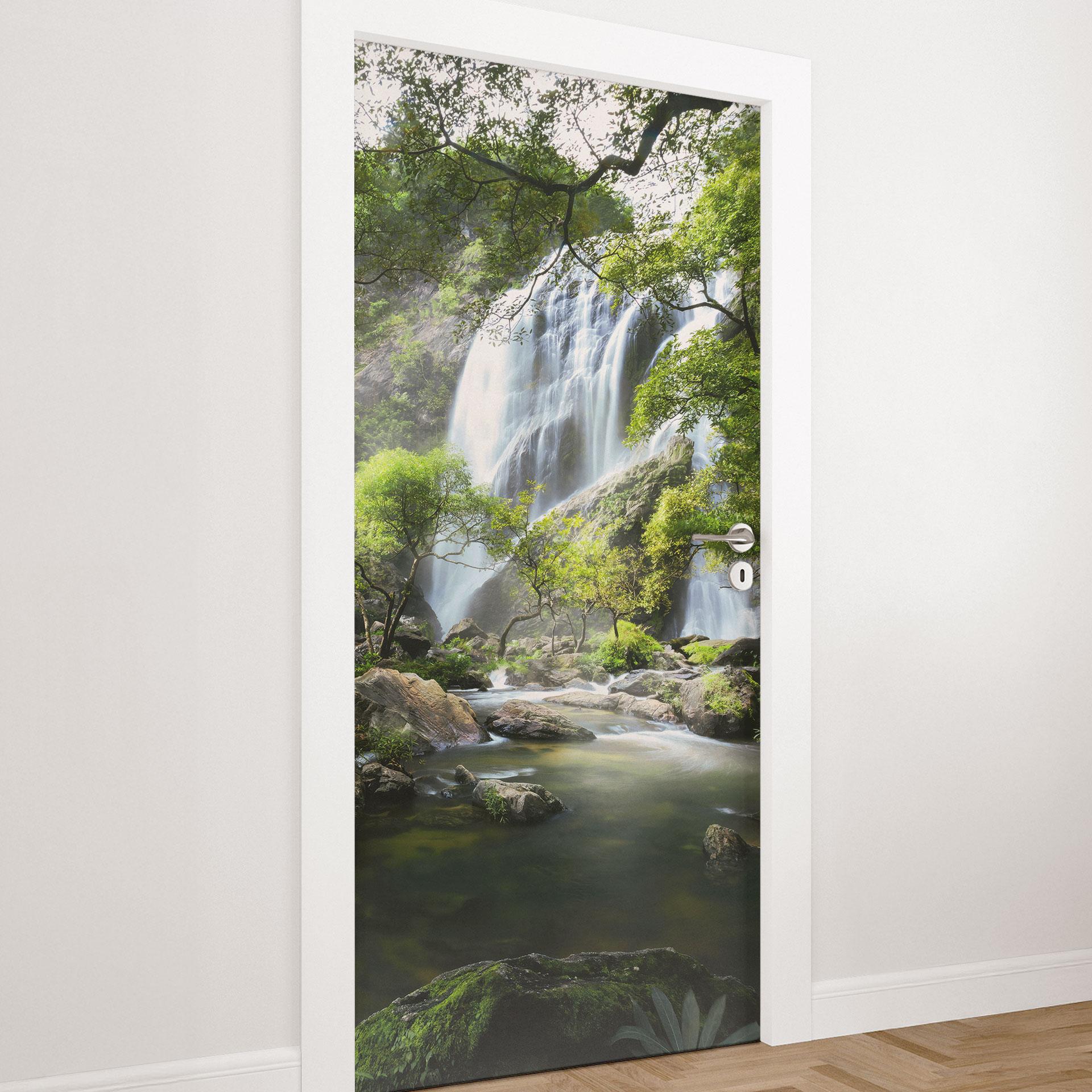 Dørfilm vandfald i skoven - Foto - Selvklæbende dørdekoration
