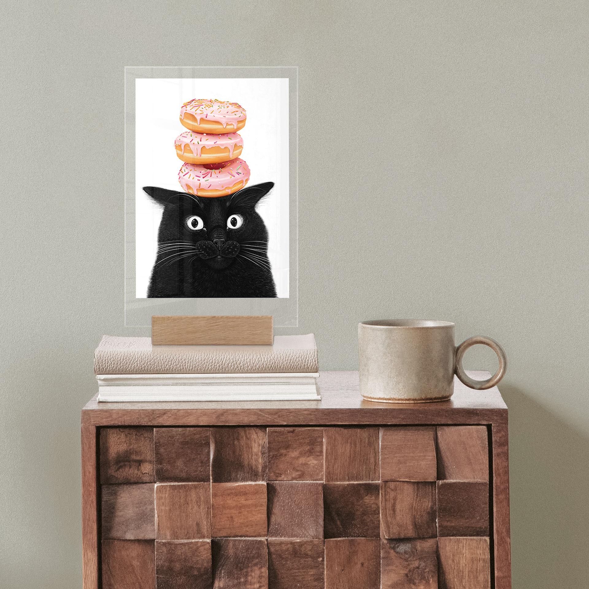 Tafelstandaard Zwarte Kat met roze Donuts - Korenkova