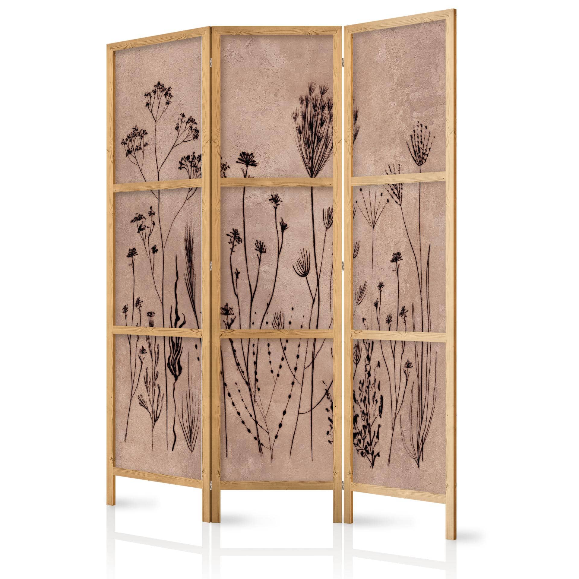 Japanischer Paravent, Raumteiler freistehend, Trennwand - Plant Vintage in Lime Wash Technique