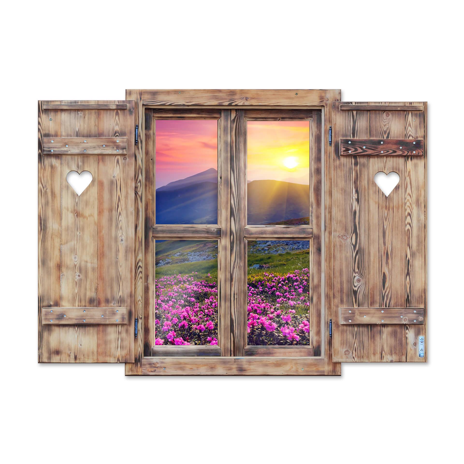 3D Wandtattoo Holzfenster mit Herz - Sonnenuntergang in den Bergen