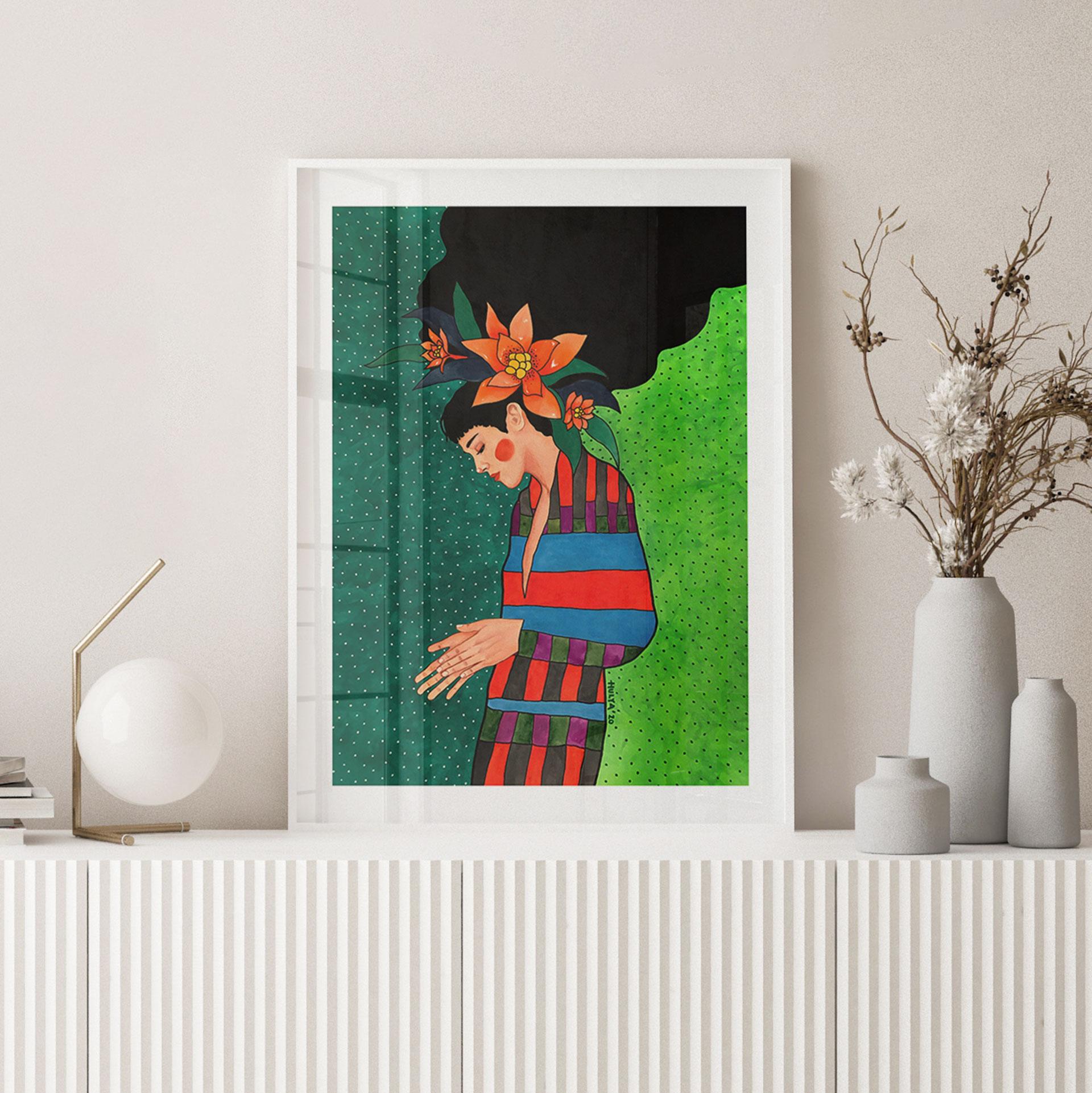 Plakat kvinde i stribet kjole med orange blomster - Hülya