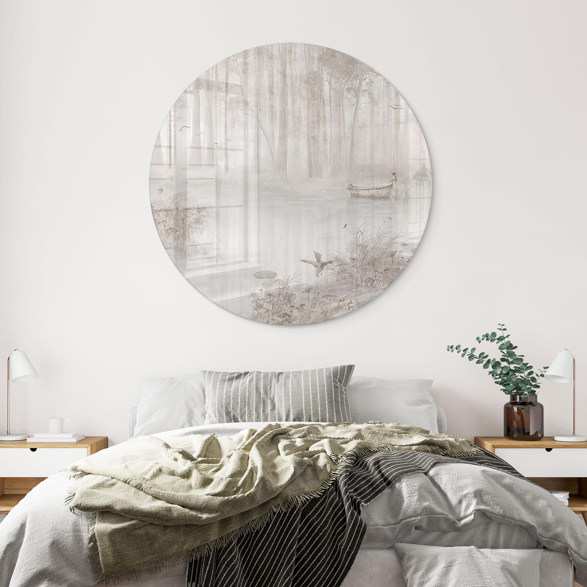 Glasbild Wald am See im Nebel in Beige - Ms Tiff - Rund