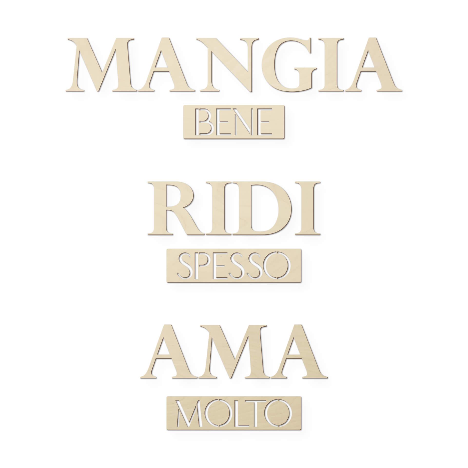 Scritta in legno - Mangia bene, Ridi spesso, Ama