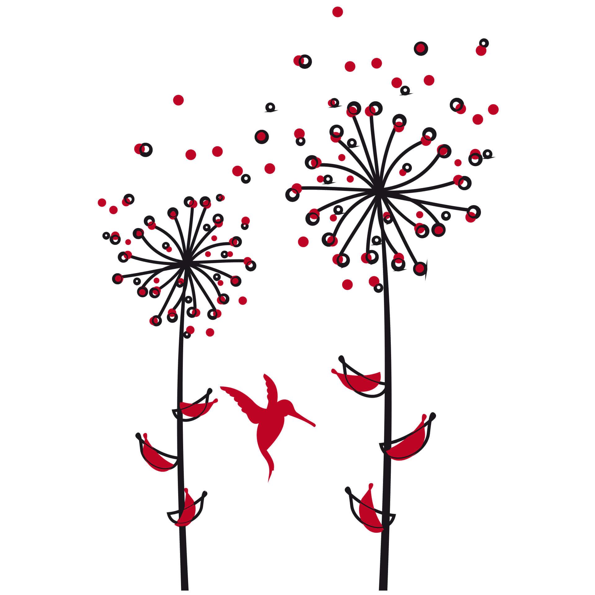 Muursticker Paardebloem met Kolibrie Rood