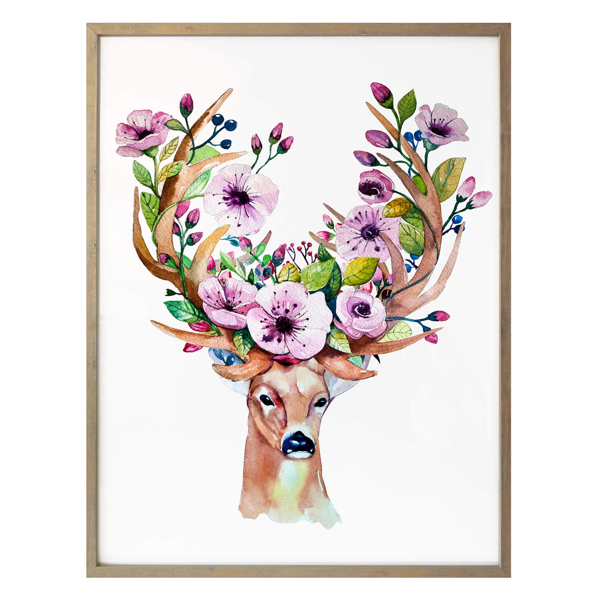 Poster Kvilis - Hjort och rosa blommor