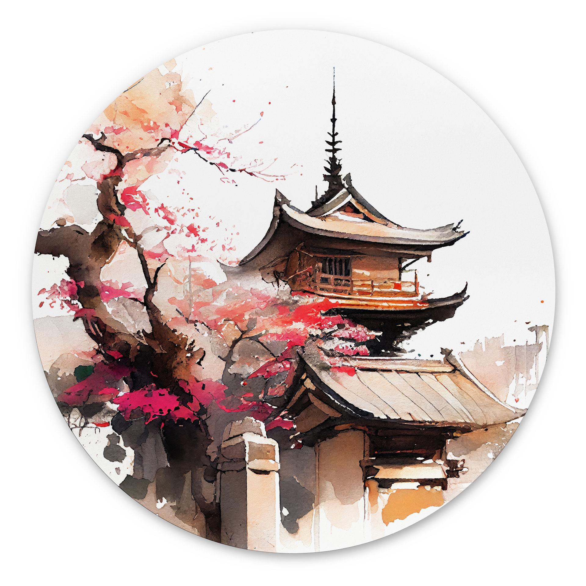 Dibond vægdekoration Japansk pagode med kirsebærblomster - Jaszke – print på aluminium (Alu-Dibond)