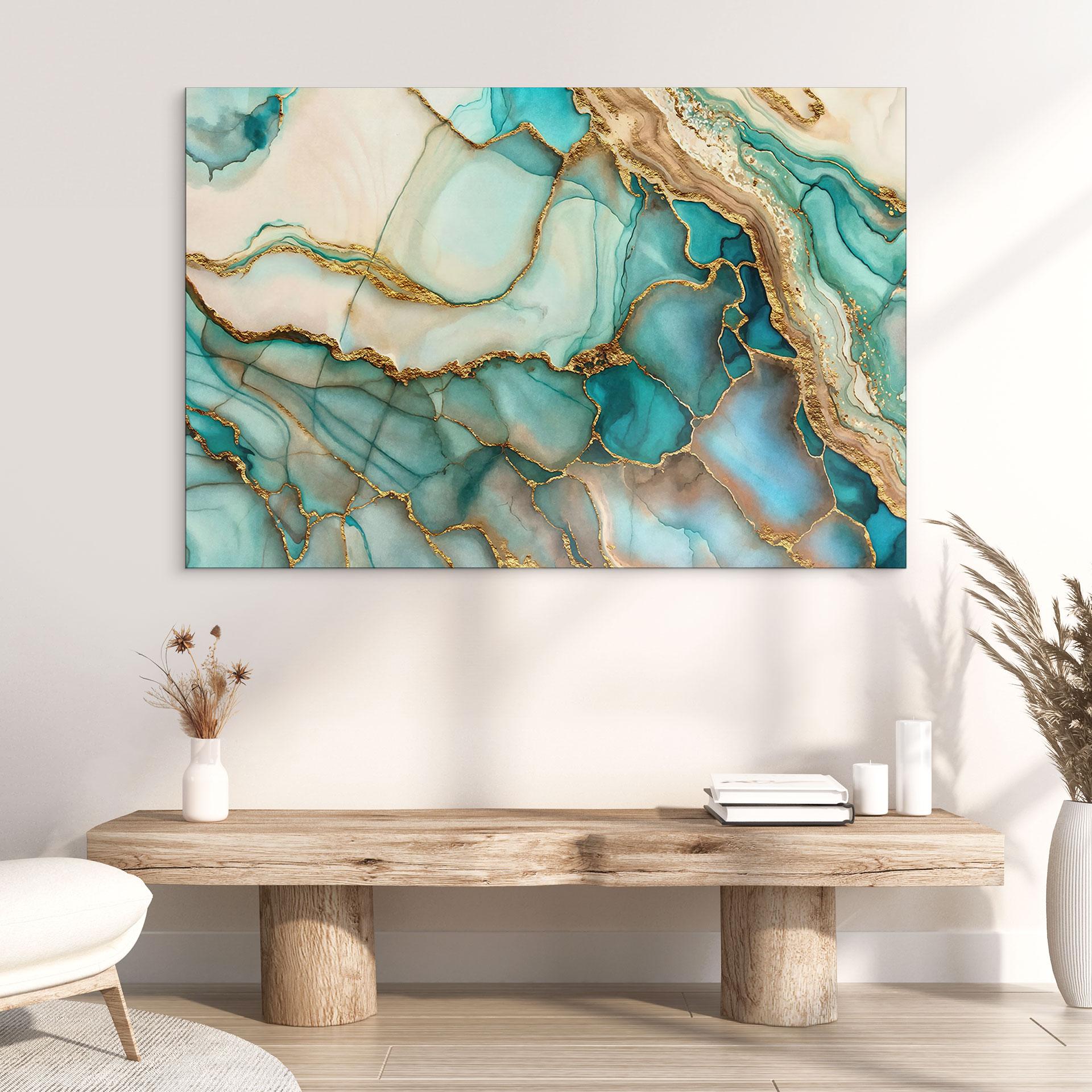 Wandbild Marmorierte Wellen in Türkis und Gold - Haase - Alu-Dibond