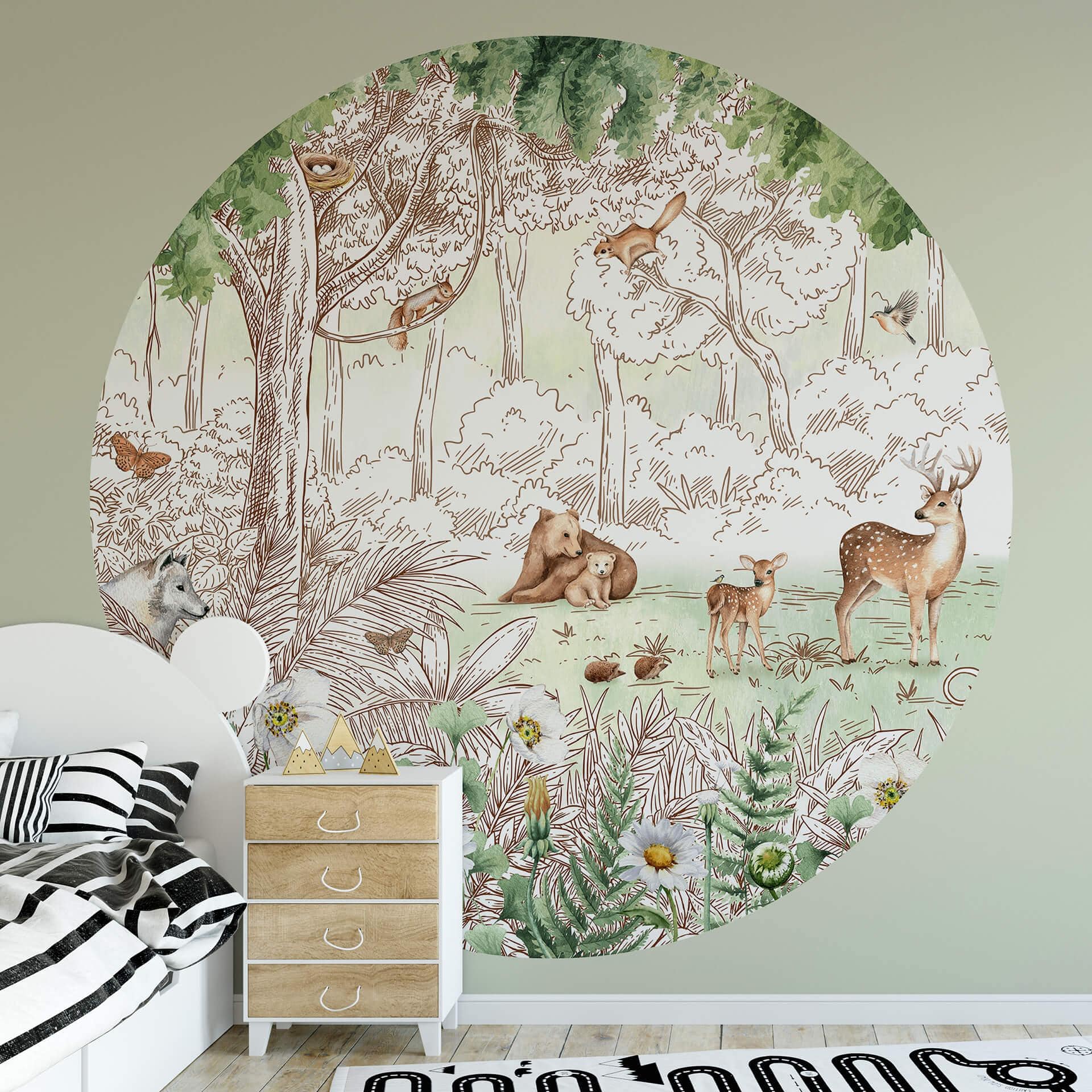 Fototapet - Rundt Kikki Belle - Forest Friends Spring - vliesetapet/selvklæbende non-woven tapet