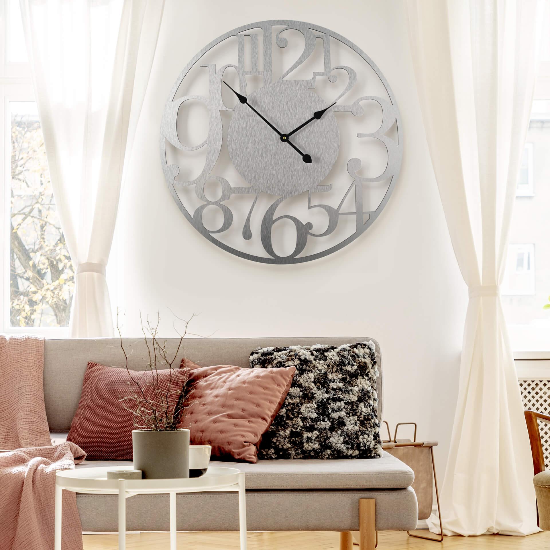 Horloge murale XXL en Alu-Dibond - Argenté - Moderne - Ø 70 cm