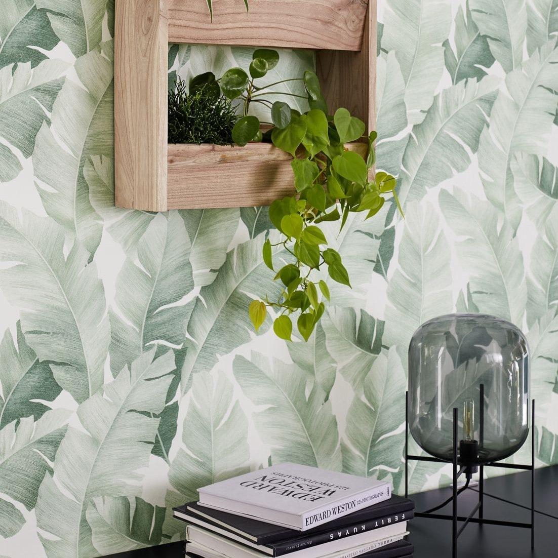 Bloemen behang, vliesbehang wit, groen