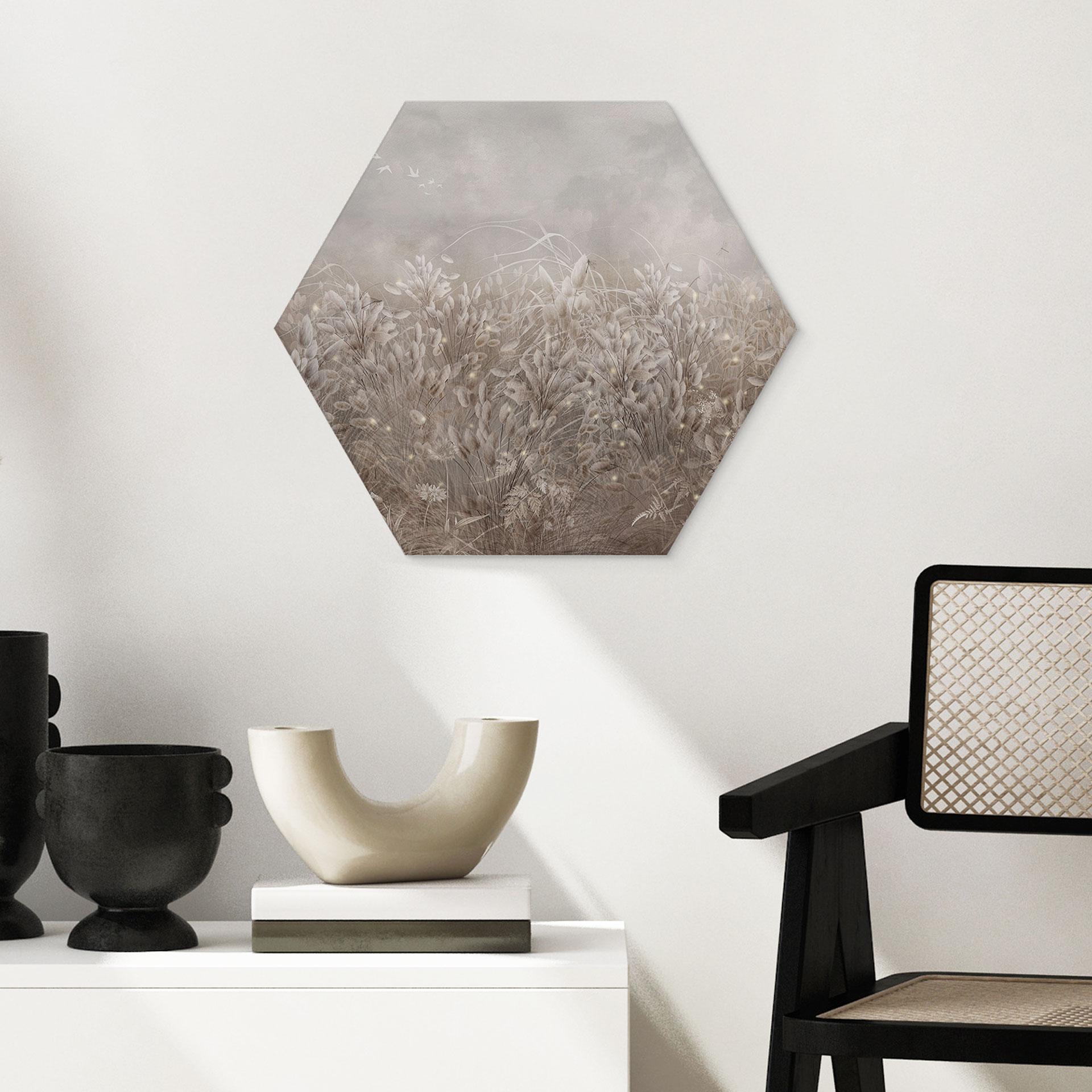 Hexagon Wandbild Pampasgras und Gräser in Beige - Ms Tiff - Alu-Dibond