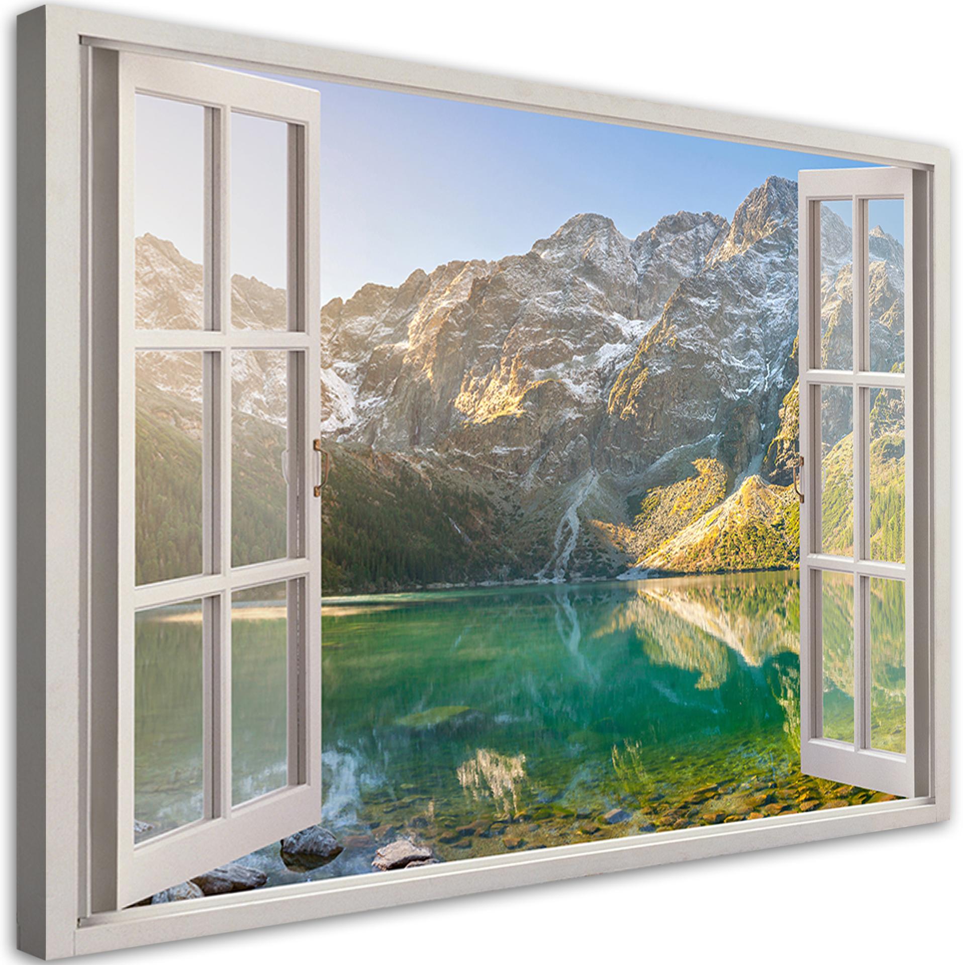 Canvasbillede, vinduesudsigt skov i tåge bjerge
