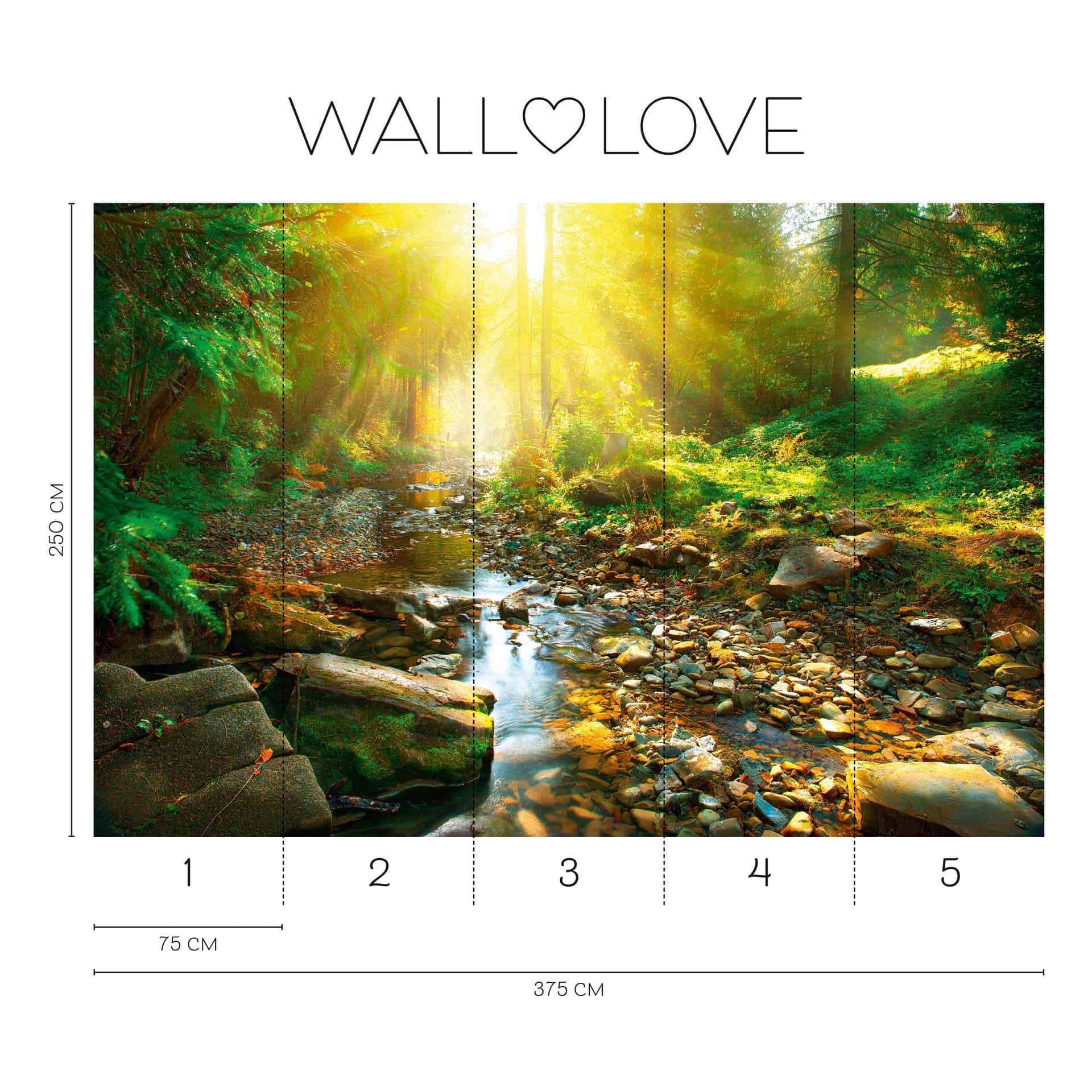 Fotobehang met beek zonlicht groen bruin - Vliesbehang 3,75 m x 2,50 m natuur