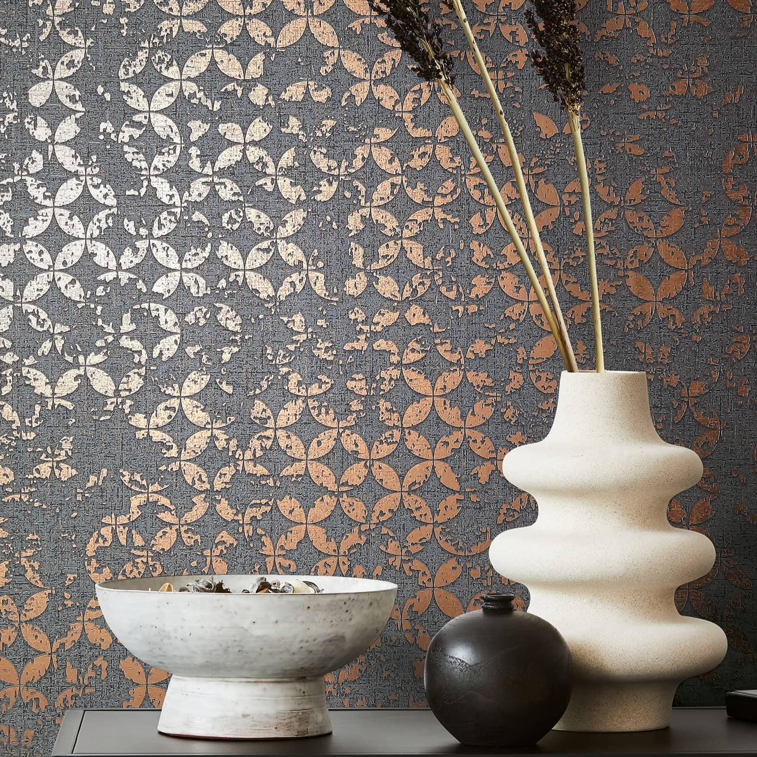 Non-woven tapet i stjerne ornamental stil antracit grafik