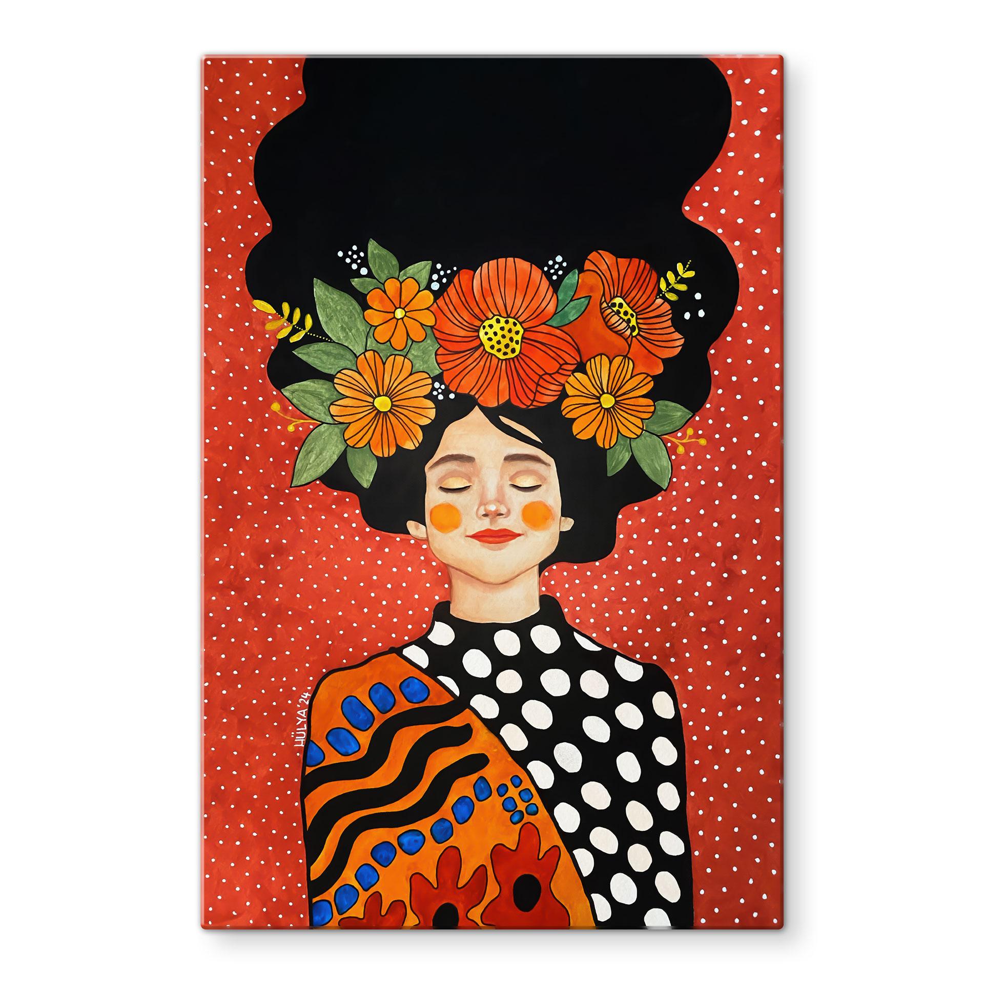 Glasbillede - Smilende kvinde med orange blomster - Hülya