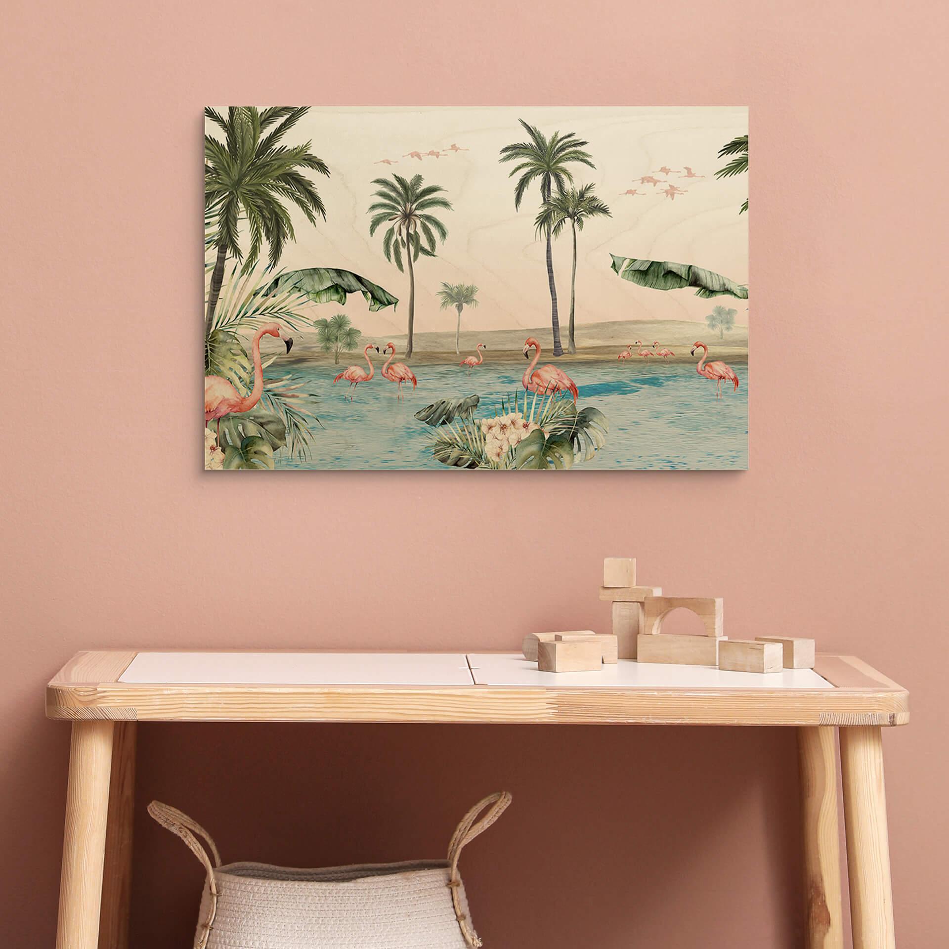 Plakat drewniany Kikki Belle - Flamingo oasis