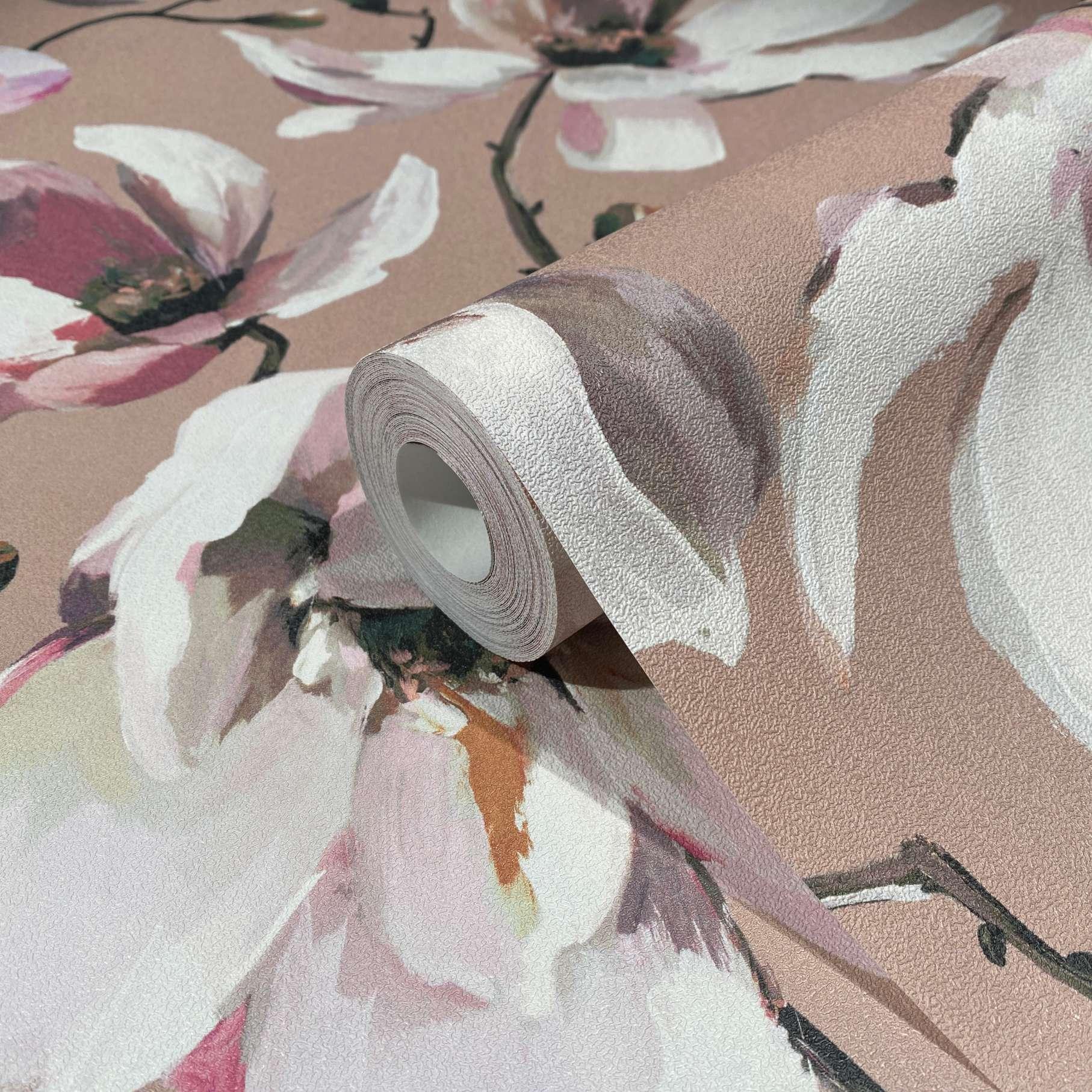behang, vliesbehang Flora bruin, wit