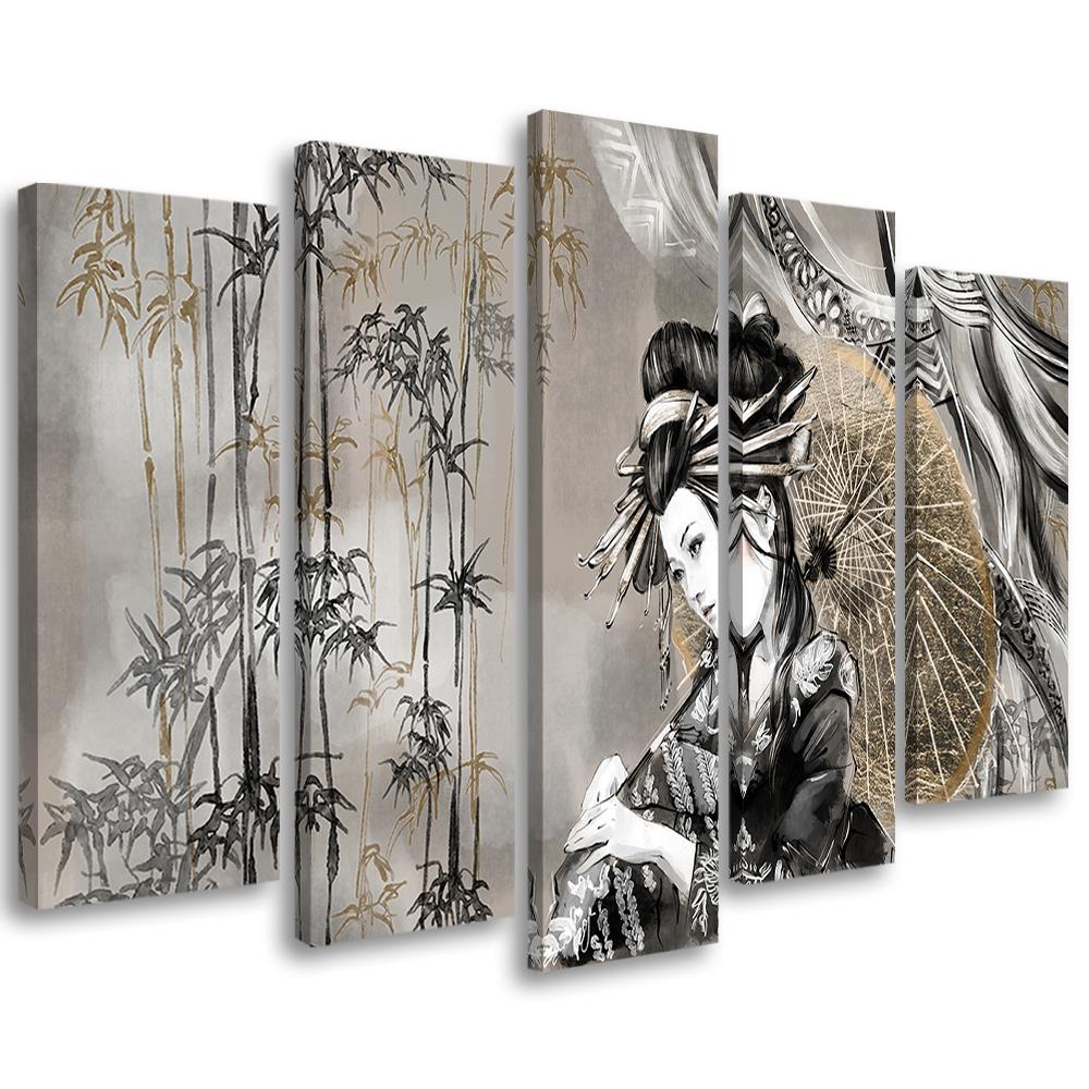 Lærred print 5 dele, geisha og bambus