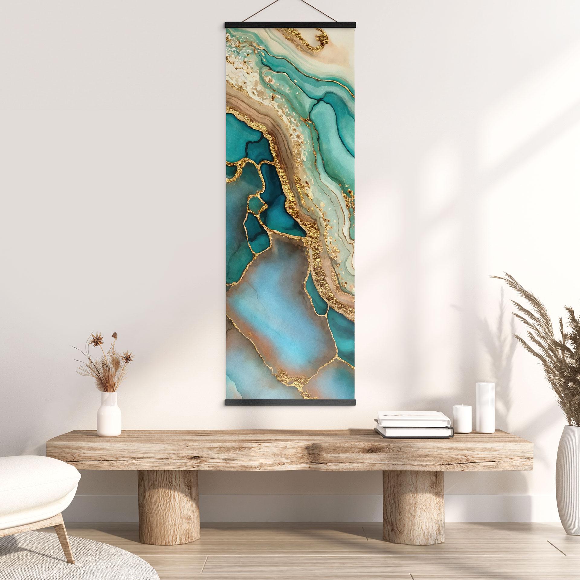 Tekstil plakat Marmorerede bølger i turkis og guld - Haase - Panorama