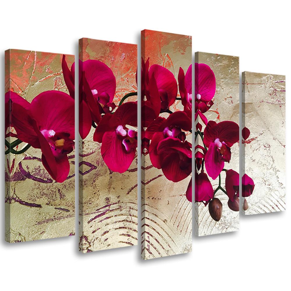 5 stykke lærredsprint, Orchid Flowers Pink